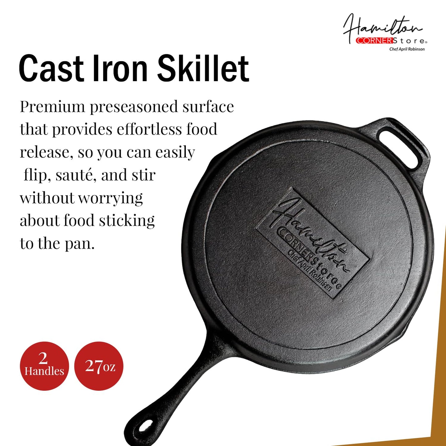 Hamilton Cornerstore Cast Iron Skillet, Pre-Seasoned Cast Iron Skillet with 2 Handles, NEW Signature Embossed Logo Preseasoned Pan, Pour Spouts for Searing, Baking, Grilling, Roasting, (10 inch)