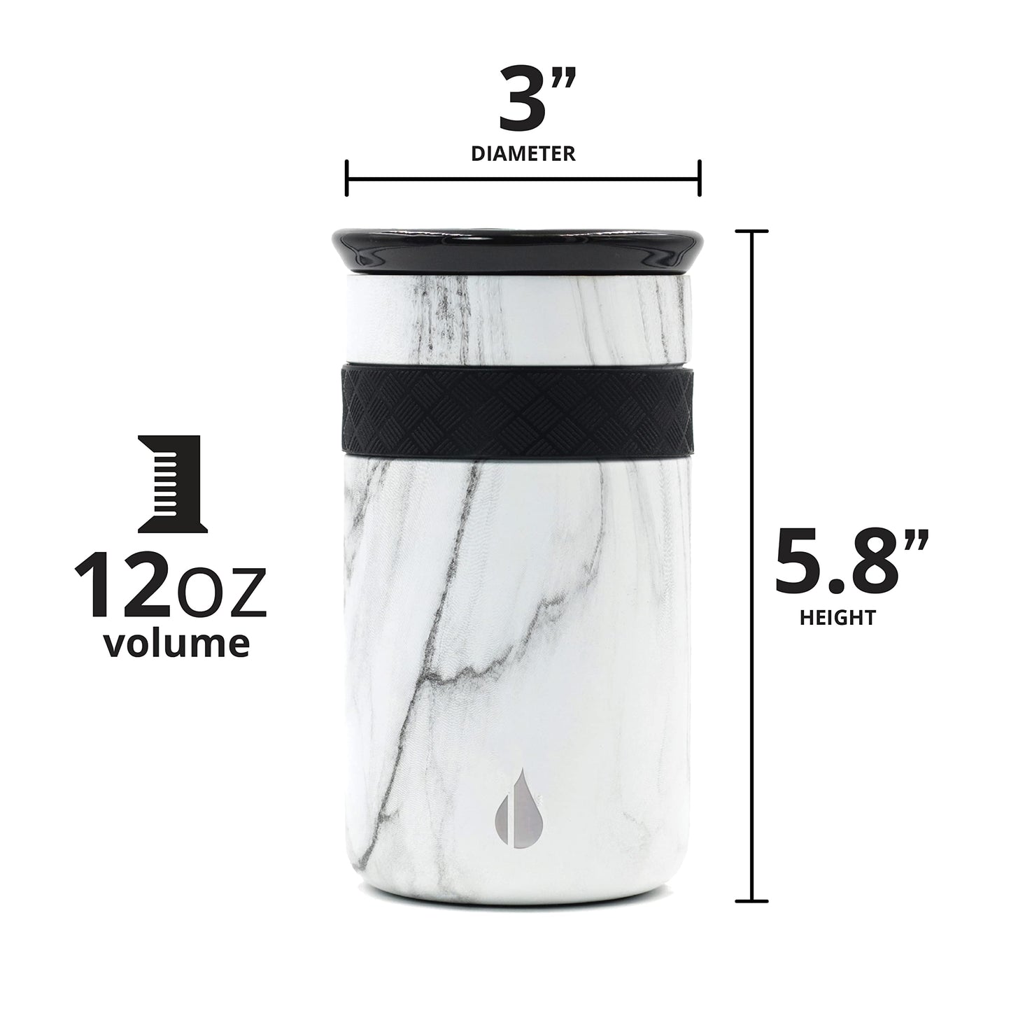 Elemental Artisan Insulated Tumbler, Triple Wall Coffee Travel Mug, Reusable Stainless Steel Coffee Tumbler with Ceramic Lid, Thermal Coffee Cups for Hot (6 Hrs) & Cold (18 Hrs), 12oz - White Marble