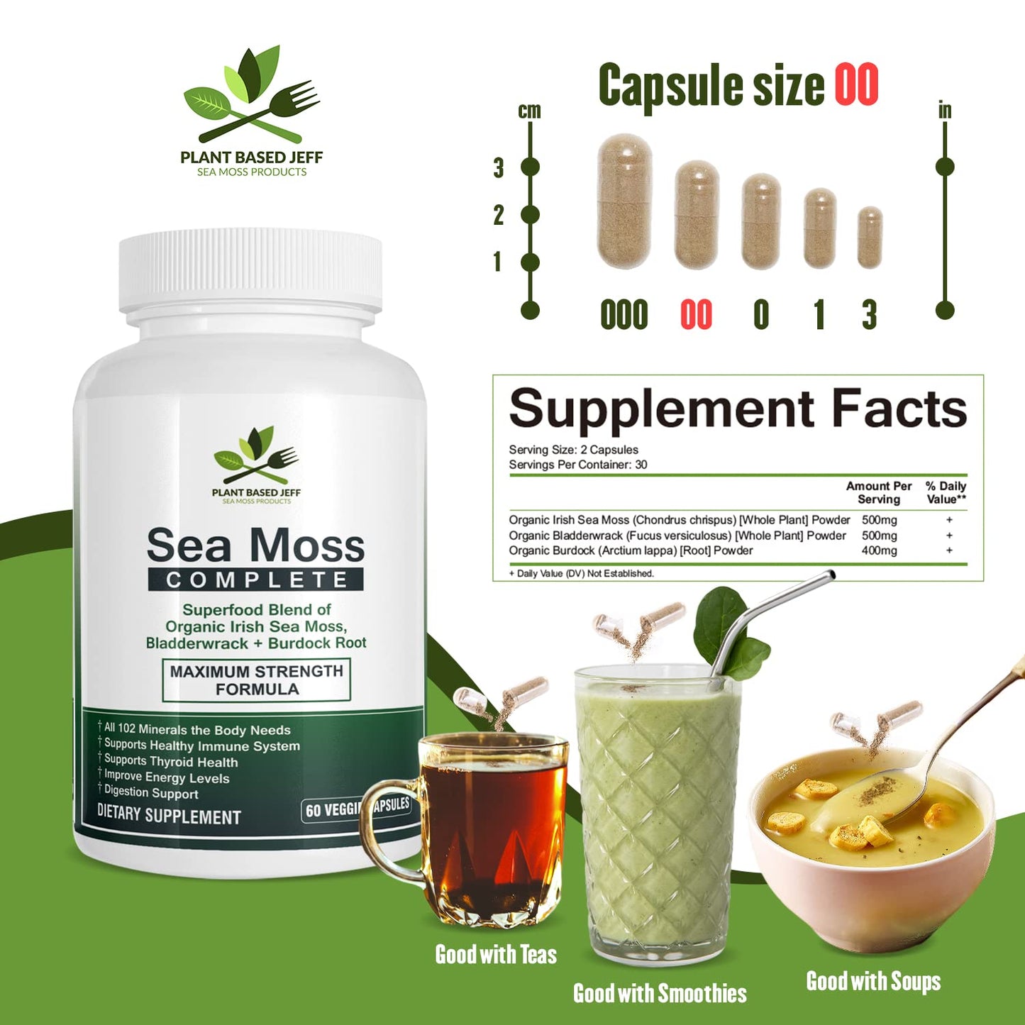 Plant Based Jeff Wildcrafted Sea Moss Capsules, 60 Count, Immune Defense Supplement and Natural Superfood with Vitamins A, B, C, D, E, and K, Supports Thyroid Function and Joint Health (1 Bottle)