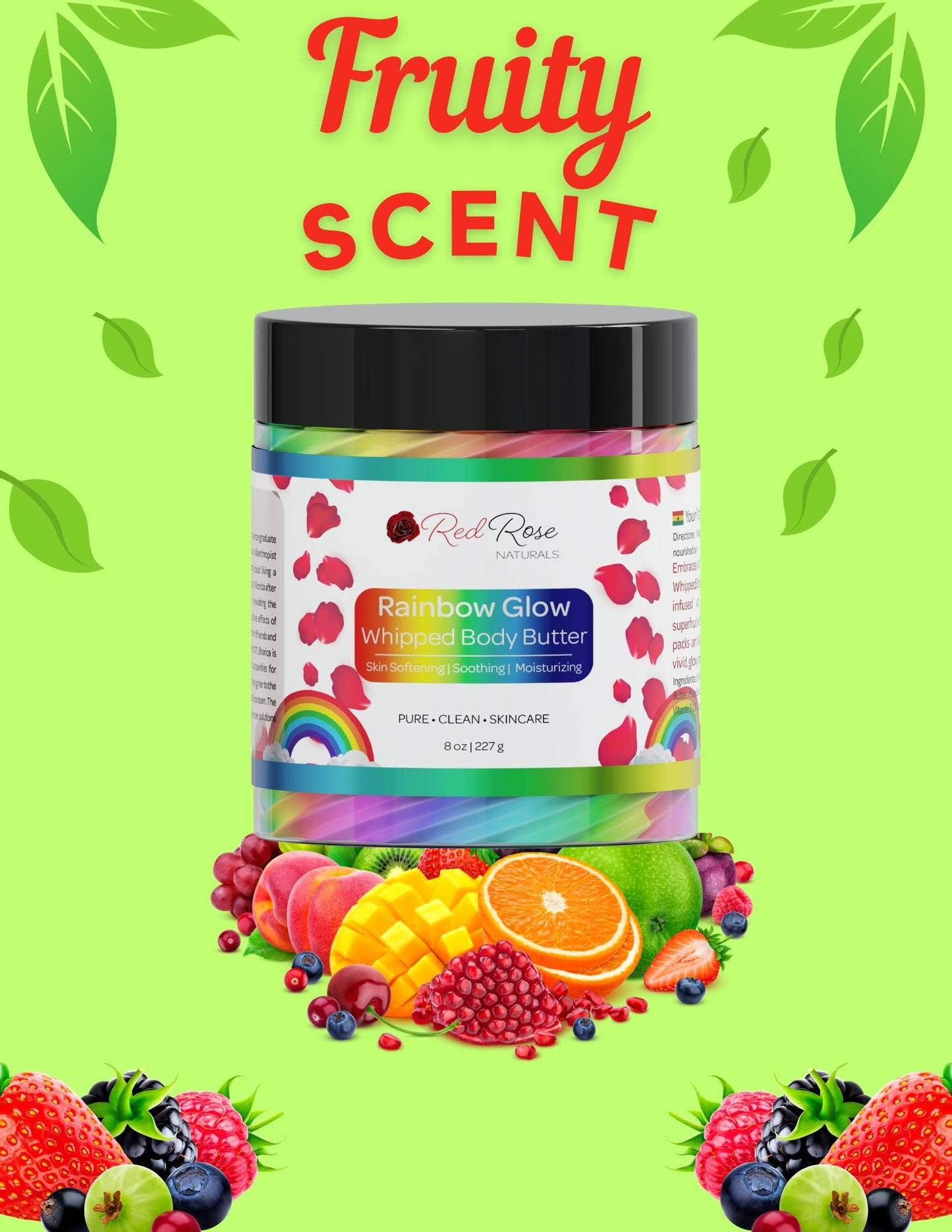 Red Rose Naturals Whipped Rainbow Glow Body Butter, Fruity Scent, Infused with Fruit extracts, 8 Oz, Non-Greasy, Creamy & Moisturizing Shea Butter - Nourishing Skincare for All Skin – Vegan