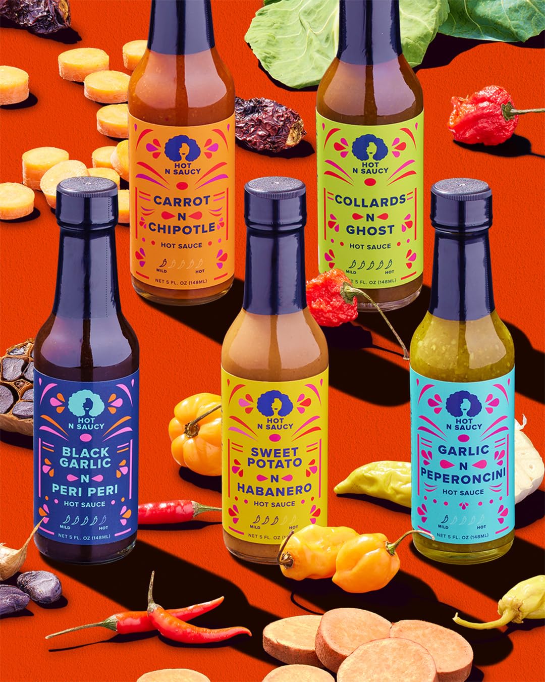 Hot N Saucy Holiday Hot Box, Set of 5 hot sauces- Collards N Ghost, Garlic N Peperoncini, Black Garlic N Peri Peri, Carrot N Chipotle and Sweet Potato N Habanero. 5 fl oz each