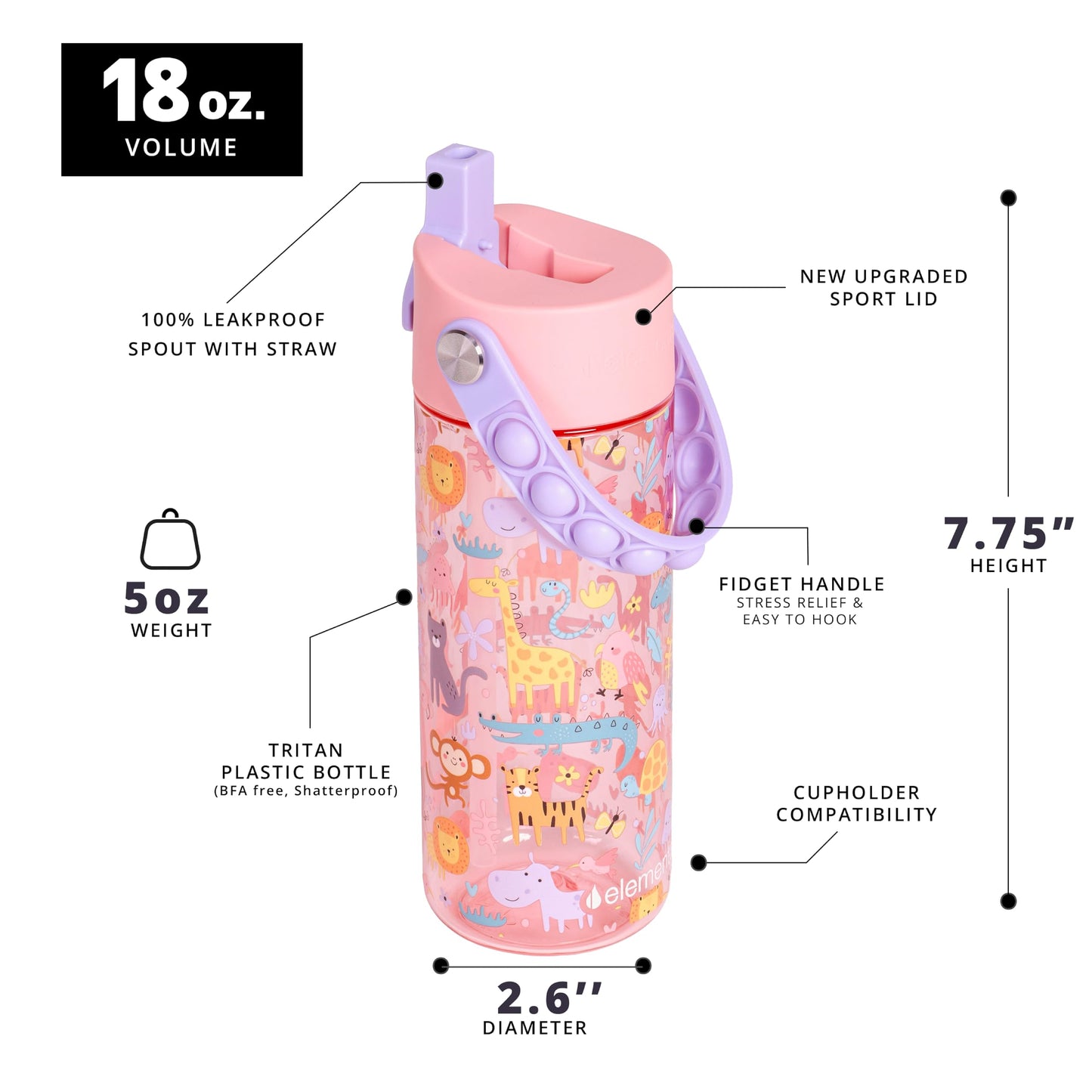 Elemental Leak Proof Water Bottles for Kids - Splash Kids Water Bottle for School with Pop-it Handle - BPA Free Tritan Plastic Reusable Water Bottle with Straw - Pink Safari - 18oz