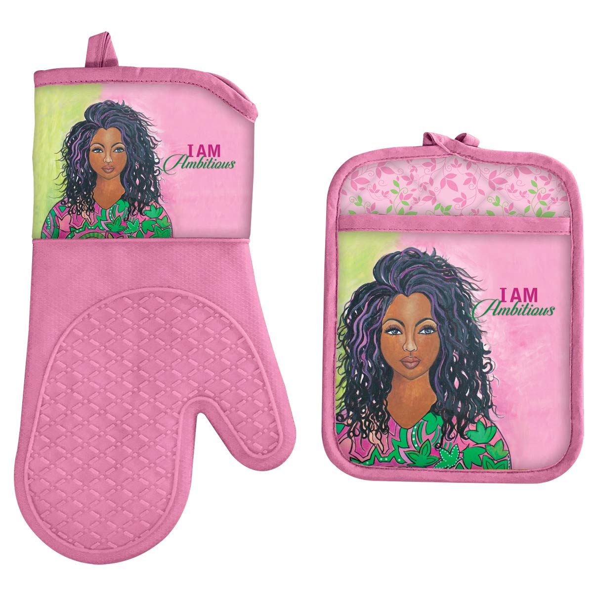 Shades of Color Mitt & Potholder Set, I Am Ambitious, Potholder: 8.75 x 6.75, Oven Mitt: 12.75 x 7.25 inches , Multicolored