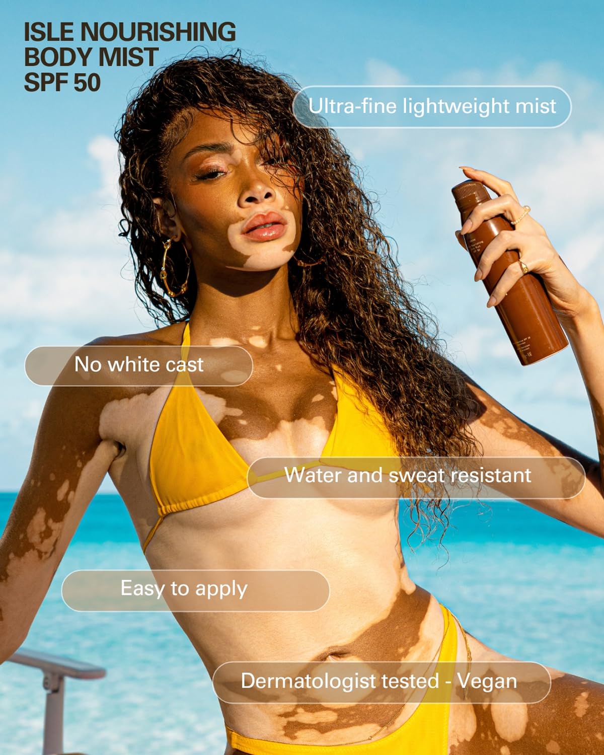 Cay Skin Isle Nourishing Body Mist SPF 50 – Broad Spectrum Sunscreen Spray with Ultra Fine Mist – Vegan, Reef Safe, Hydrating Lotion with Natural Finish for All Skin Types – 6 oz