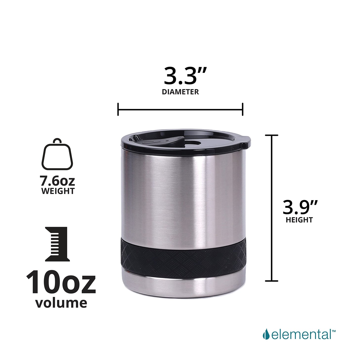 Elemental Recess Lowball Tumbler, 10oz Triple Wall Stainless Steel Cup with Non-Shattered Tritan Lid, Insulated Whiskey Glass, Insulated Coffee Tumbler Mug for Hot & Cold Drinks - Brushed Steel