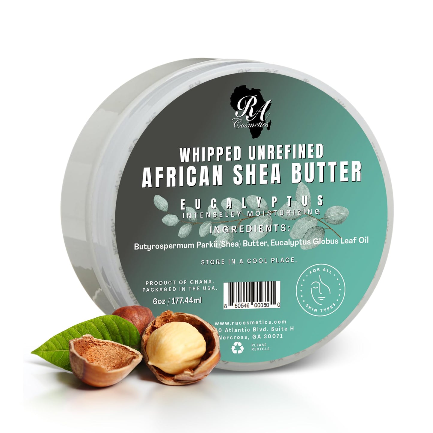 RA COSMETICS Whipped Shea Butter Eucalyptus – 6oz | 100% Pure and Natural African Shea Butter for Men & Women - Ultimate Handcrafted Moisturizer with Essential Vitamins for Radiant Skin & Hair