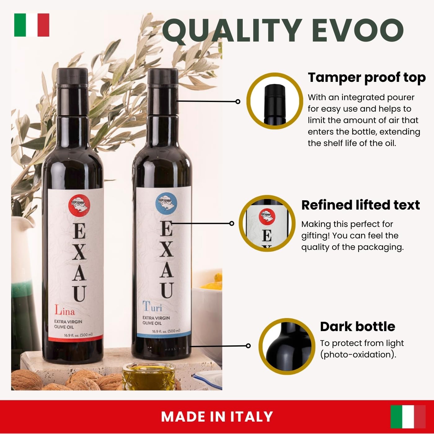EXAU Italian Extra Virgin Olive Oil Set - Due2, 897 mg/kg Polyphenol Rich Olive Oil From Italy, Non-GMO, Early Harvest First Cold Pressed for Drinking and Cooking, 2 Pack 16.9 Fl Oz (1L)