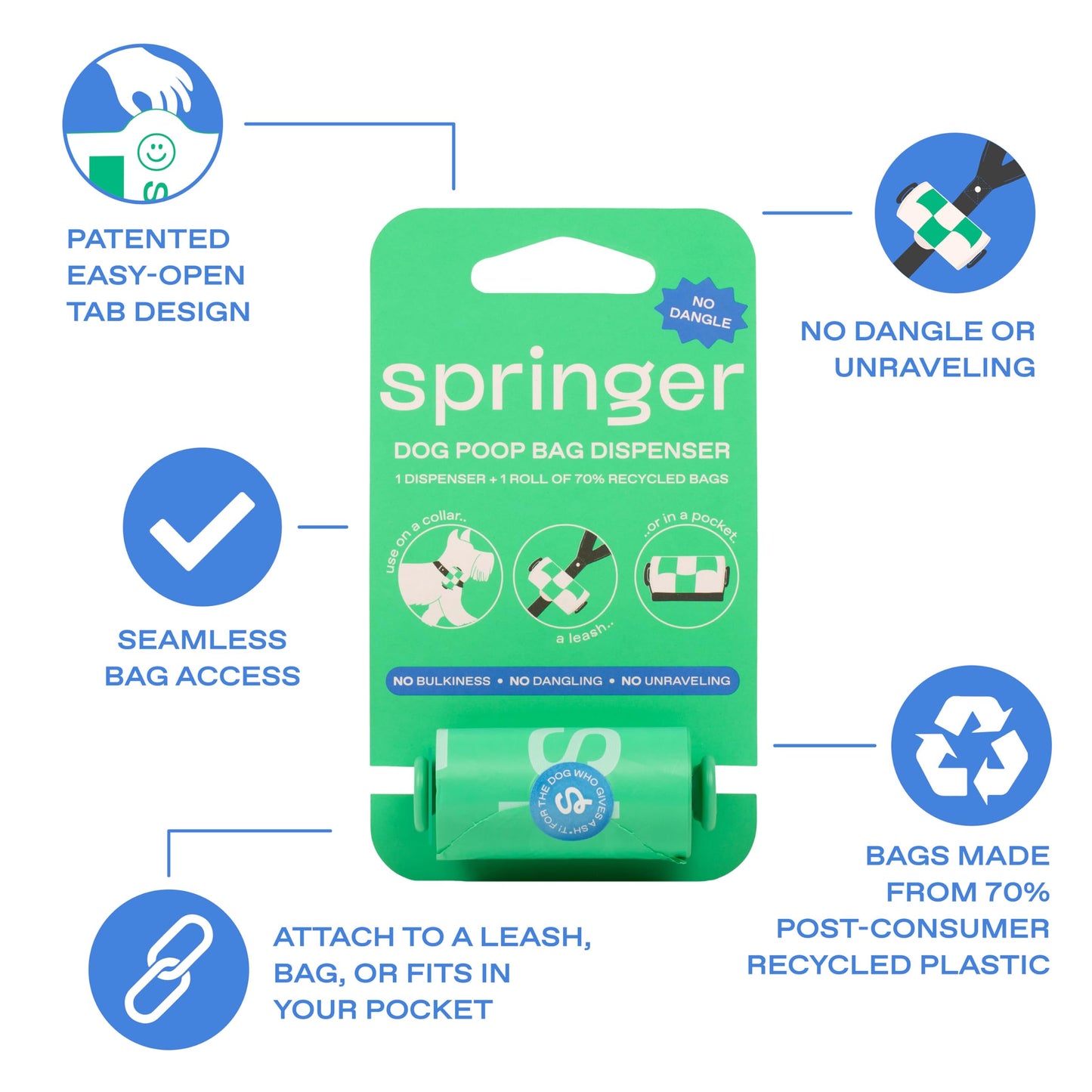 Springer Dog Poop Bag Dispenser + Roll - Springer Green - Bags made from 70% Post-Consumer Recycled Plastic | Designed with Easy-Open Tabs | Minimal Poop Bag Holder - No Dangle