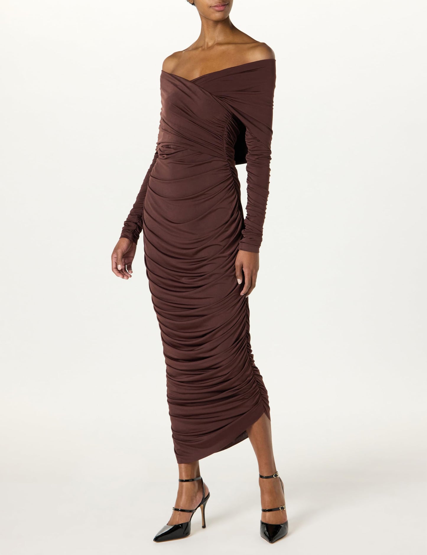 Sergio Hudson, Off Shoulder Layered Ruched Dress, 2, Chocolate