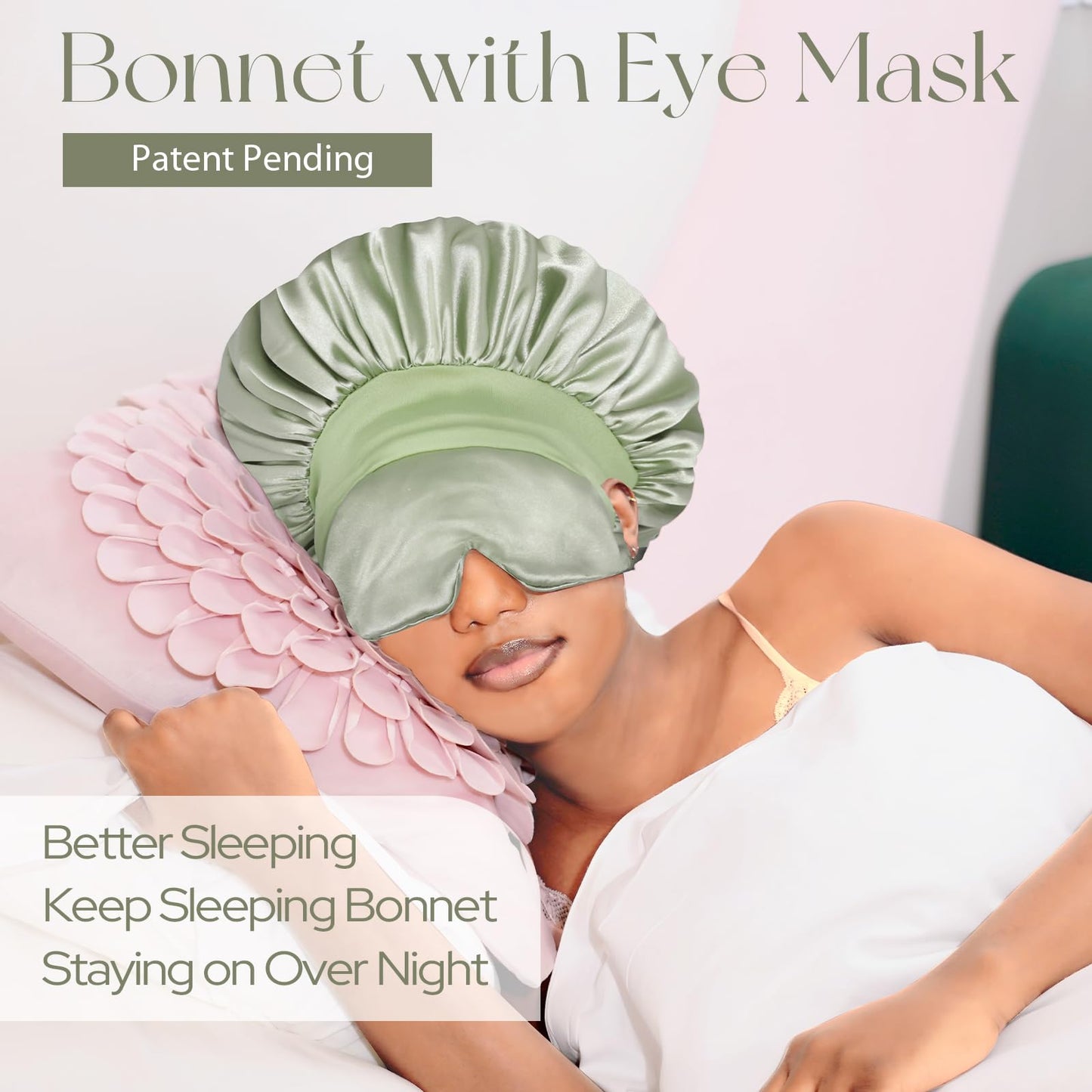 BONNET QUEEN Silk Bonnet for Sleeping Women Satin Bonnet with Eye Mask Non Slip Hair Bonnet for Curly Hair Night Sleep Cap Green+Green