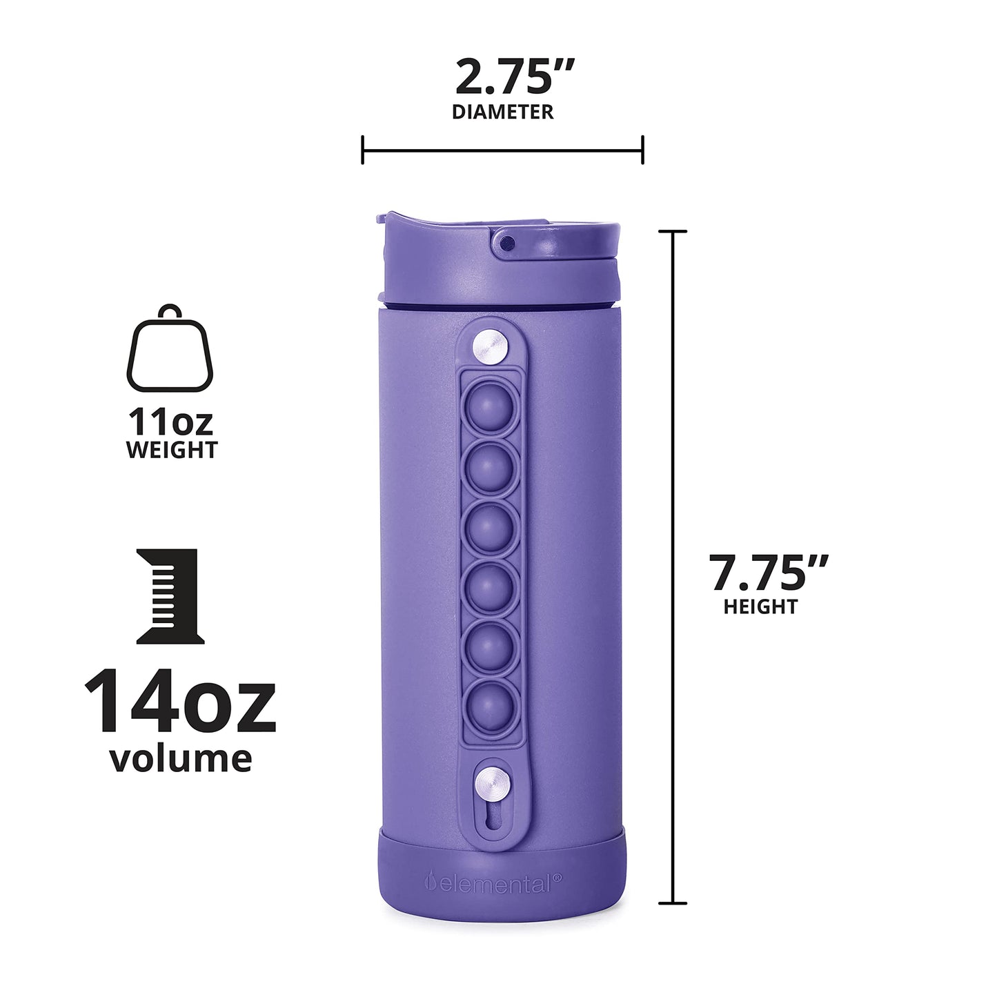 Elemental Iconic Kids Water Bottle with Straw Lid & Stress Relief Pop It Handle, Leak-Proof When Closed, Triple Insulated Kids Stainless Steel Water Bottle For Girls and Boys, 14oz - Lavender