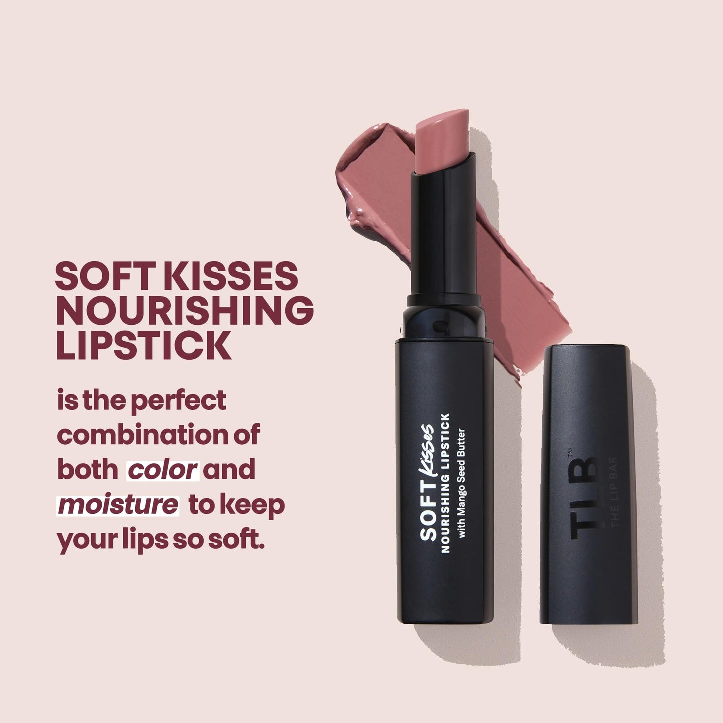 The Lip Bar Soft Kisses Nourishing Vegan Lipstick, with Moisturizing Mango Seed Butter, Satin Finish, Bare Me - Nude