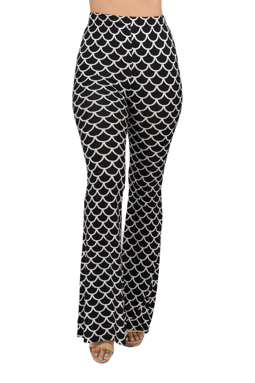 2Chique Boutique Women's Mermaid Tail Print Brushed Knit Bell Bottom Pants (Small) Black and White