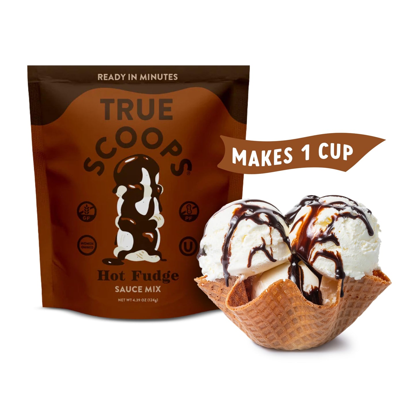 True Scoops 6-Pack Hot Fudge Sauce Mix. Add One Ingredient - Half & Half! Makes 1 Cup of Sauce. Made With Real Cocoa Powder. Gluten-Free, Peanut-Free, and Kosher. (124g ea)