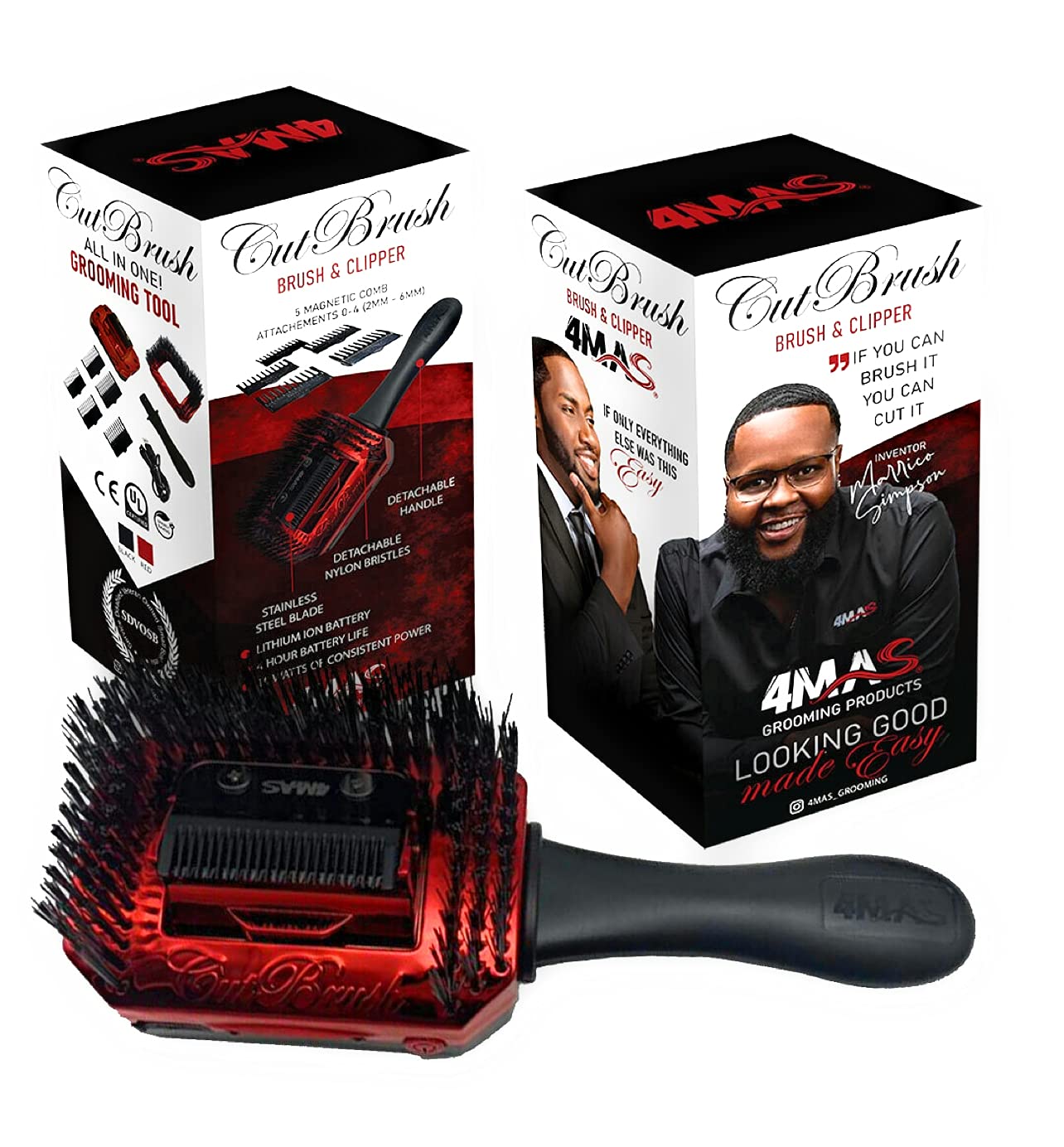 4MAS Self-Grooming CutBrush (Black and Red) Mod 3 with 5 Comb Attachments and Charging Cable