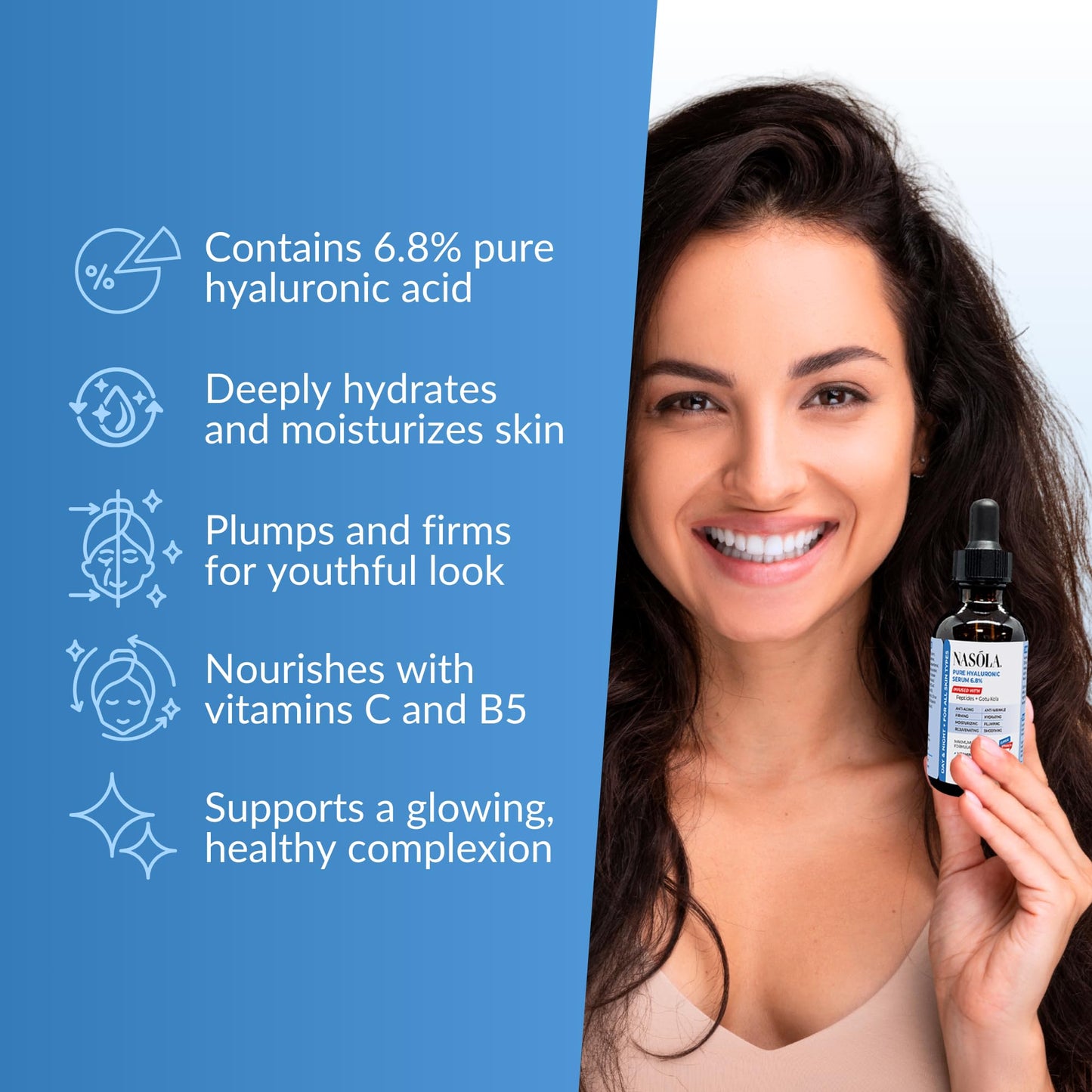 Nasola 6.8% Pure Hyaluronic Acid Serum for Face, Hyaluronic Acid Moisturizer - Get the Moisture Your Skin Needs for a Healthy, Youthful Glow with Orange Peel Oil, Vitamin B5 and C, 2.02 Oz