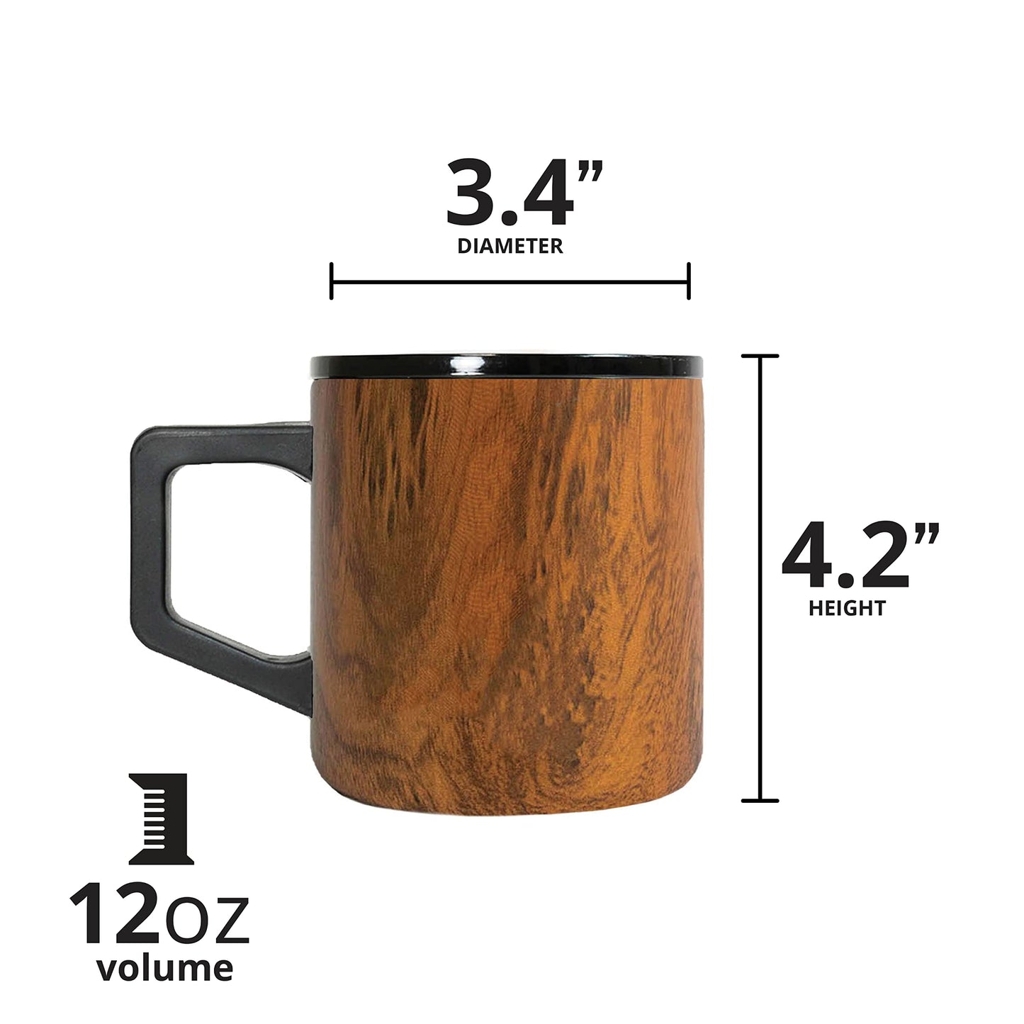 Elemental Insulated Coffee Mug - Triple-Wall Stainless Steel Summit Travel Cup for Hot and Cold Drinks - Thermal Coffee Mug with Lid and Handle for Camping, Office & Travel 12oz - Teakwood