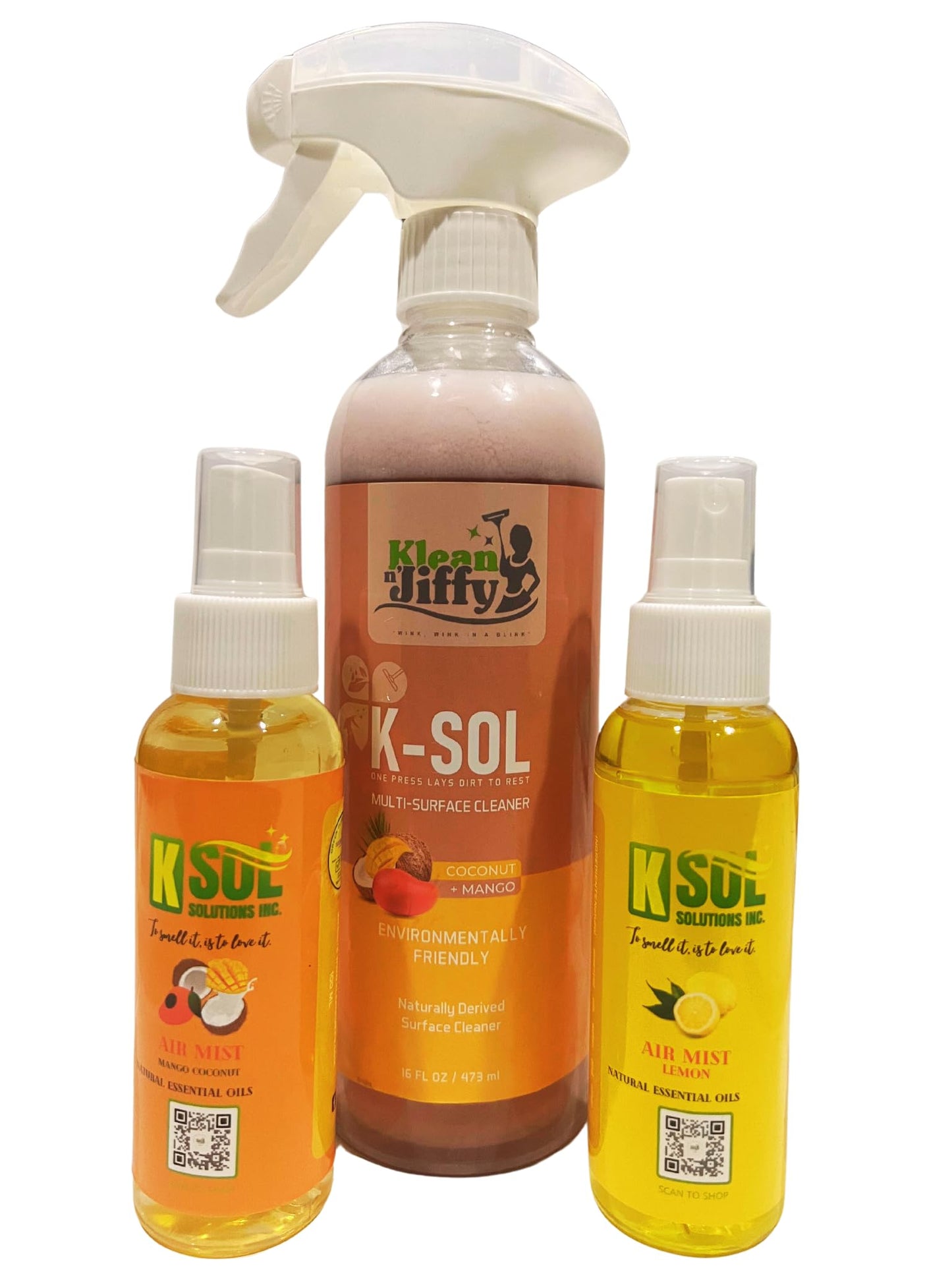 Klean n Jiffy K-Sol Multi-Surface Cleaner Set, Coconut Mango Spray 16 fl oz, 2 Air Mist Essential Oil Sprays, Lemon and Mango Coconut