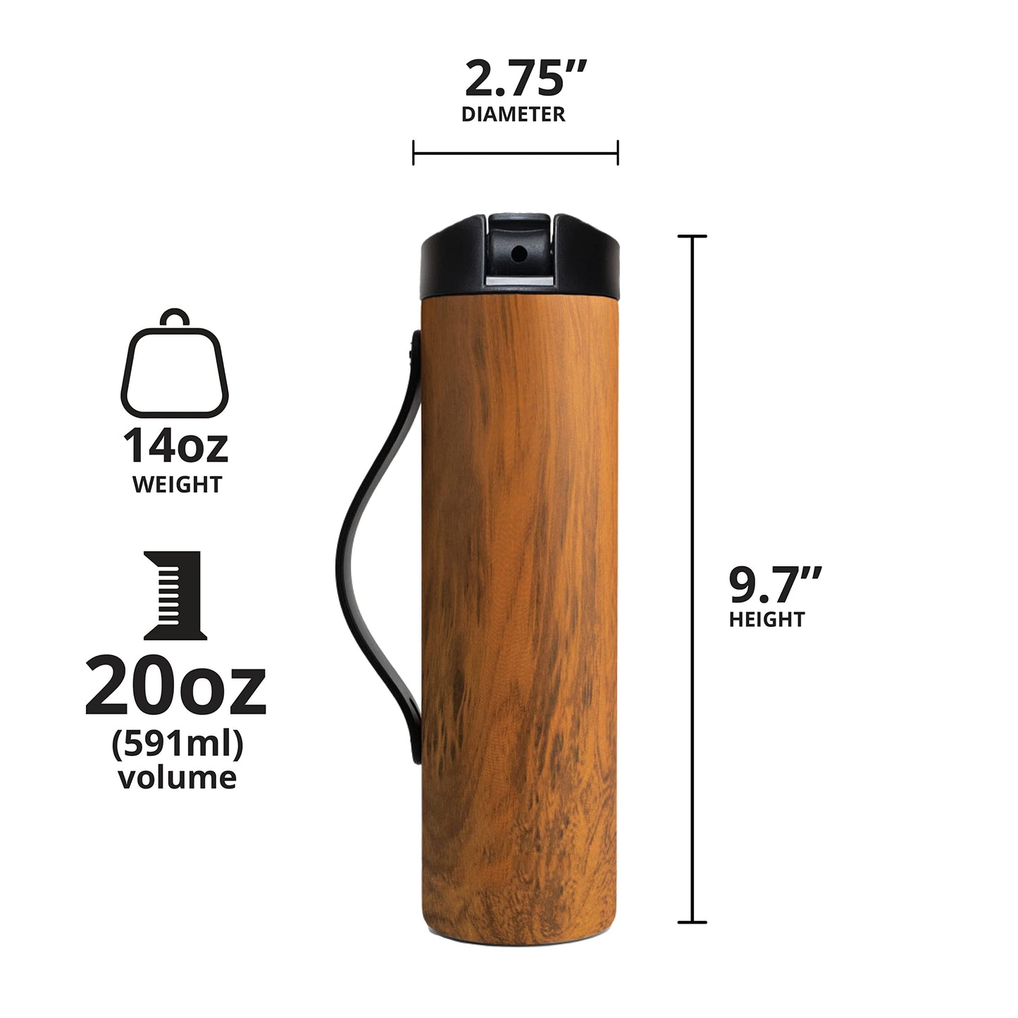 Elemental Iconic Stainless Steel Water Bottle with Straw - 20 oz Leak Proof Triple Wall Insulated Water Bottles for Travel and Sports - Reusable Gym Water Bottle with 2 Straws - Teak Wood
