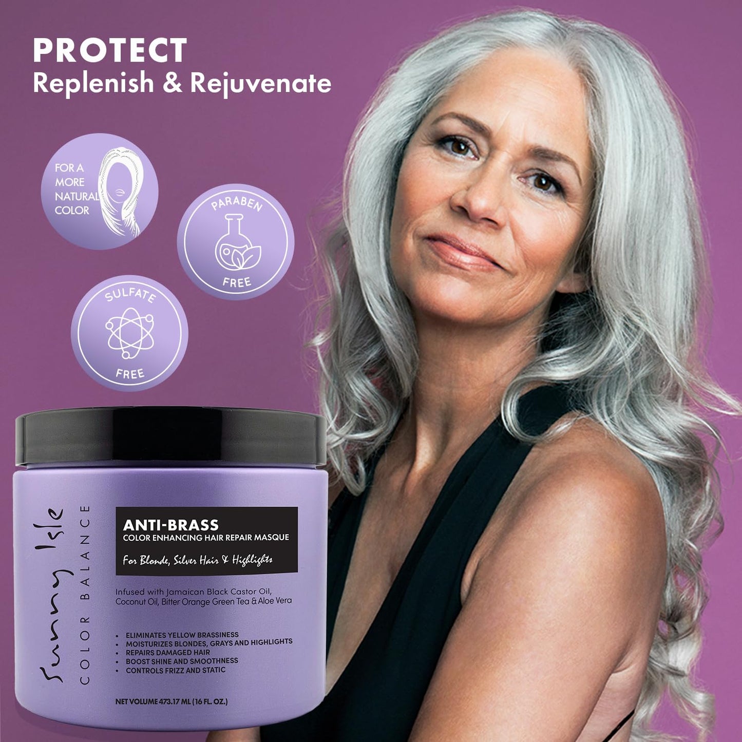 Sunny Isle Anti-Brass Color Enhancing Purple Hair Repair Masque 16oz | Neutralizes Yellow Undertones & Brassiness | Deep Conditioner Treatment Toner for Blonde, Silver, Gray Hair & Highlights