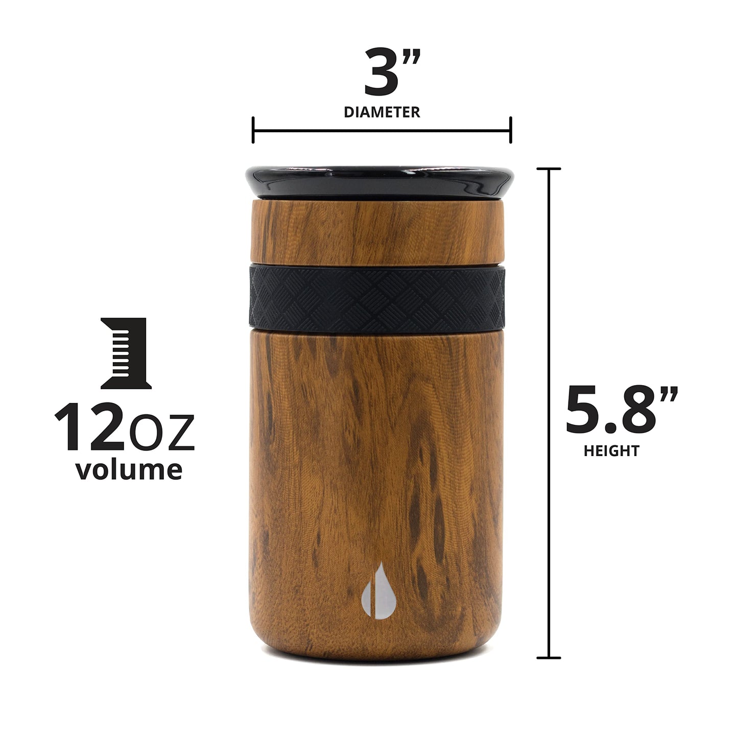 Elemental Artisan Insulated Tumbler, Triple Wall Coffee Travel Mug, Reusable Stainless Steel Coffee Tumbler with Ceramic Lid, Thermal Coffee Cups for Hot (6 Hrs) & Cold (18 Hrs), 12oz - Teak Wood