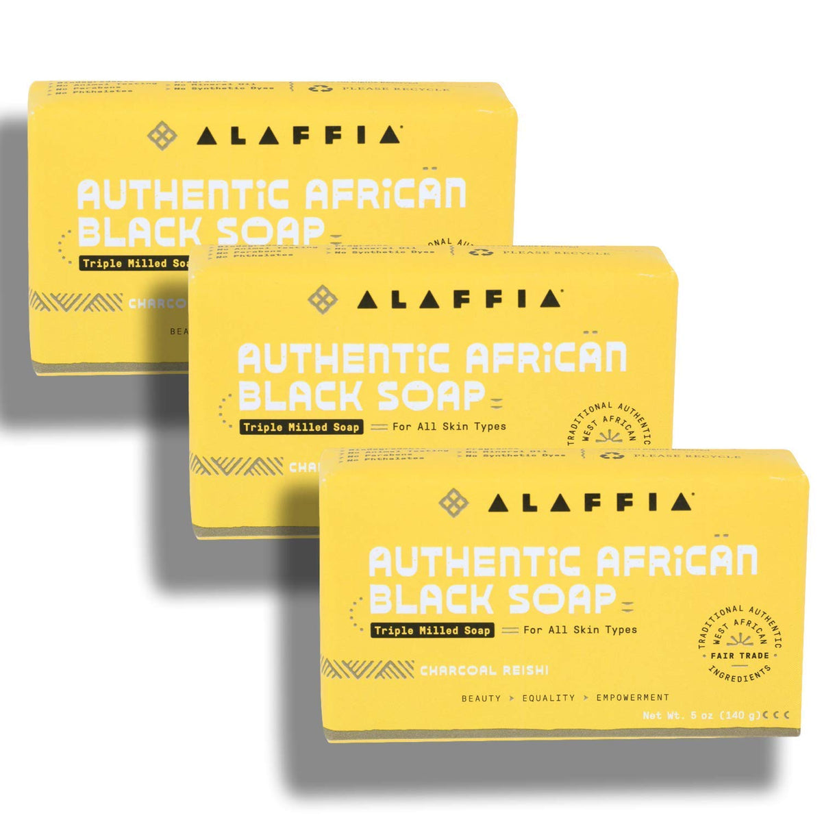 Alaffia Authentic African Black Soap Triple Milled, Charcoal Reishi 5 Oz (Pack of 3)