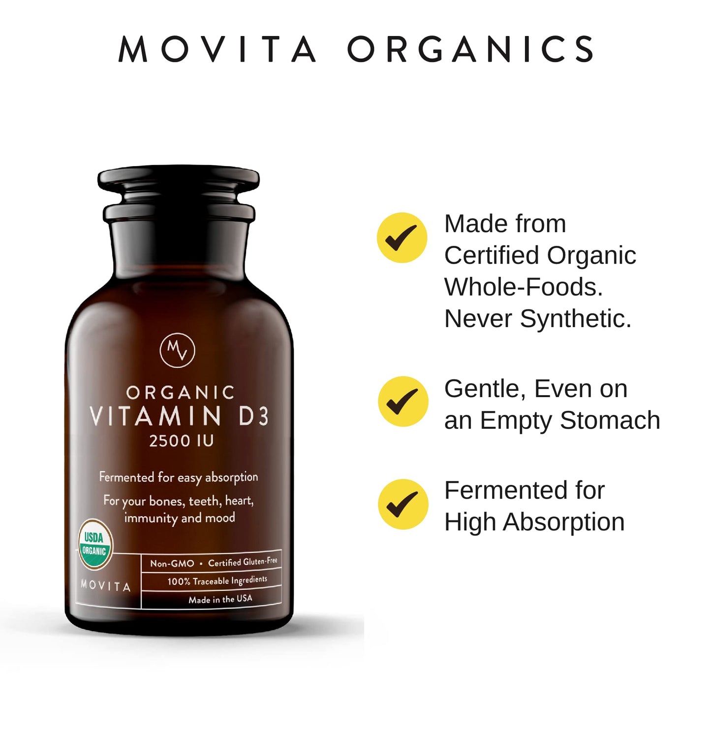 Movita Organic Vitamin D3 2500IU, Bottle Fermented Vitamin C 250mg Bottle