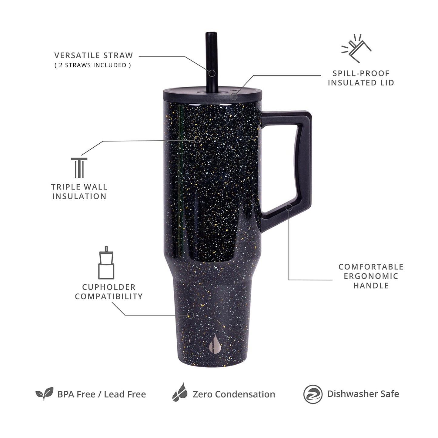 Elemental 40 oz Tumbler with Handle and Straw - Spill Proof Insulated Stainless Steel Commuter for Hot and Cold Beverages - Travel Coffee Mug with 2 Straws & Spill Proof Lid - 40oz - Black Speckle