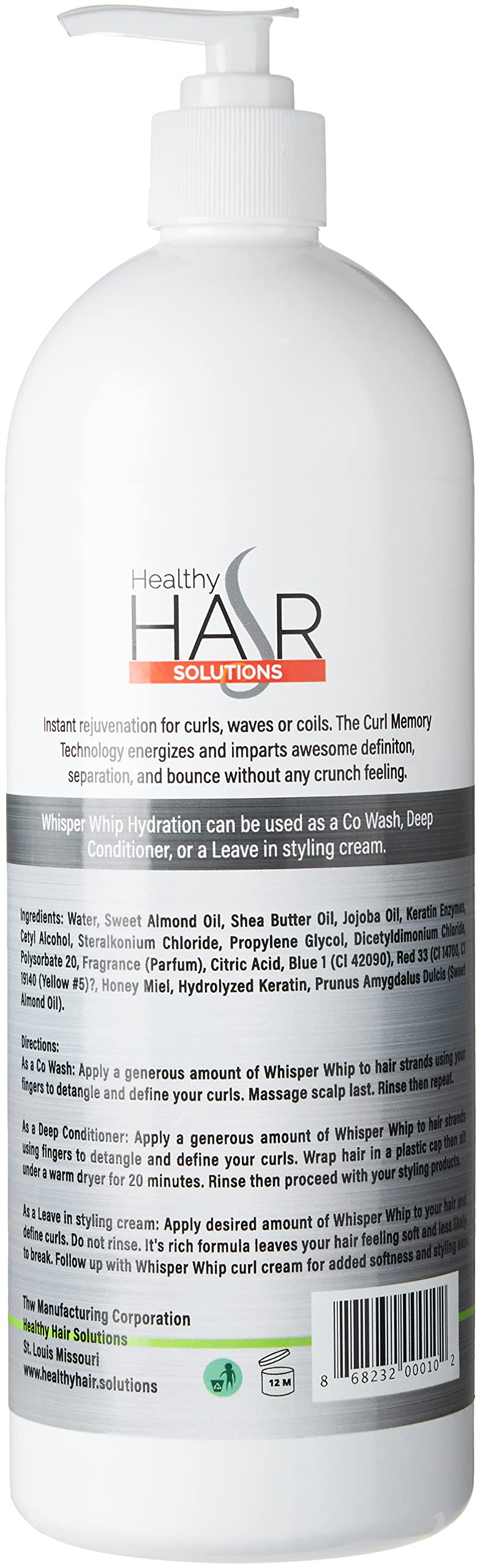 Whisper Whip-Leave in, Co-Wash Moisturizer & Detangler, and Deep Conditioner, Sulfate Free, 100% Keratin Based, For all hair types 32 oz. bonus size