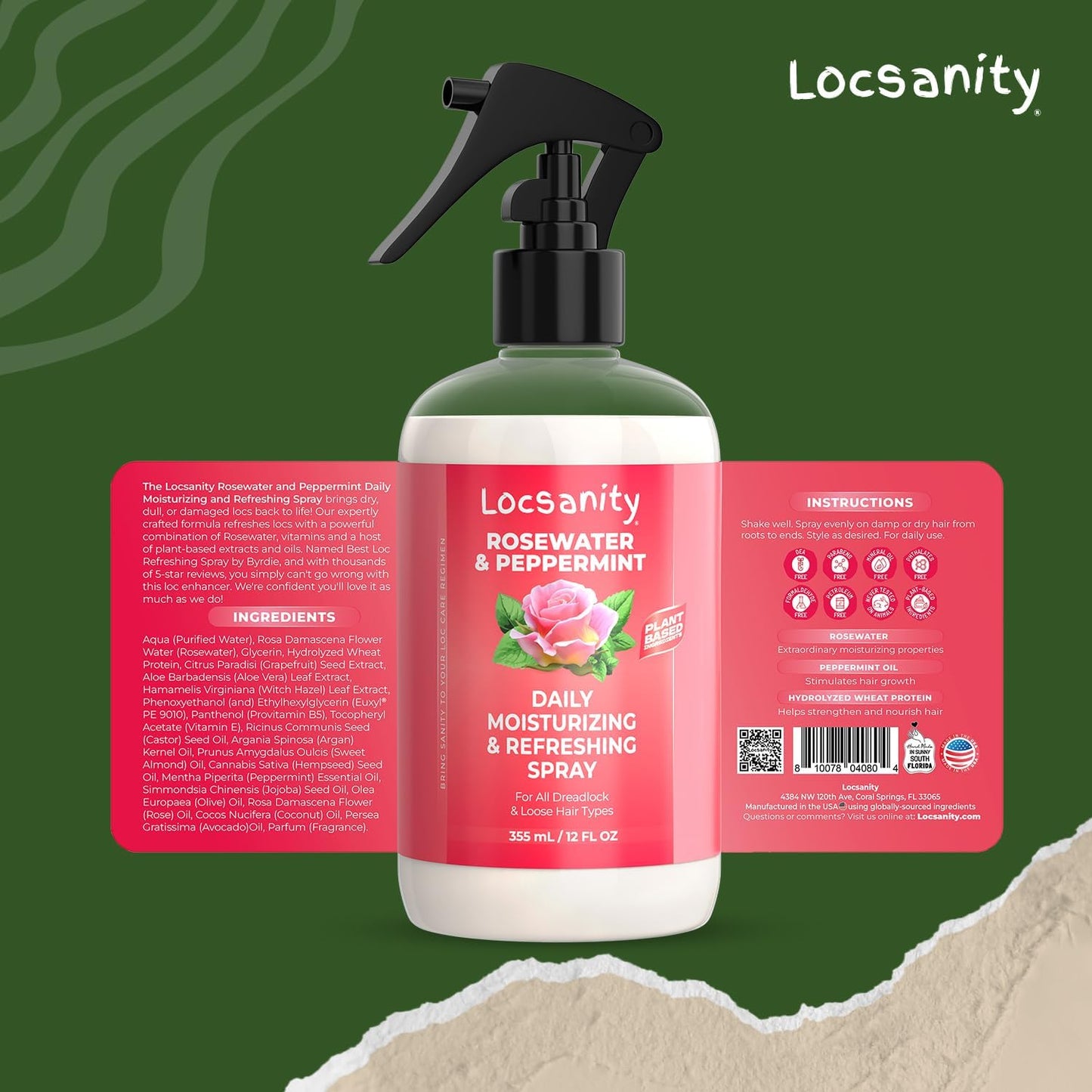 Locsanity Daily Moisturizing Refreshing Spray for Locs, Dreadlocks - Rose Water and Peppermint Hair Scalp Moisturizer, Dreadlock Spray - Natural Loc Care and Maintenance (12oz)