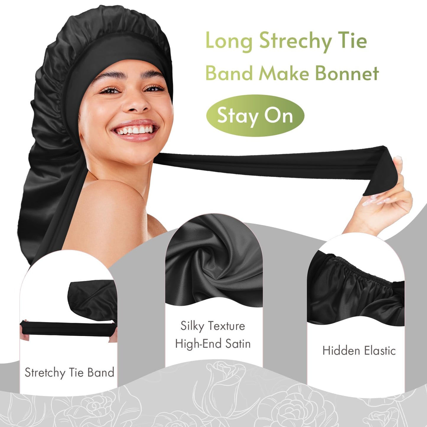 BONNET QUEEN Silk Bonnet for Sleeping Satin Bonnet Black Bonnet Braid Bonnet Jumbo Bonnet Hair Bonnet Tie Bonnet for Braids with Tie Band for Women Curly Hair Locs