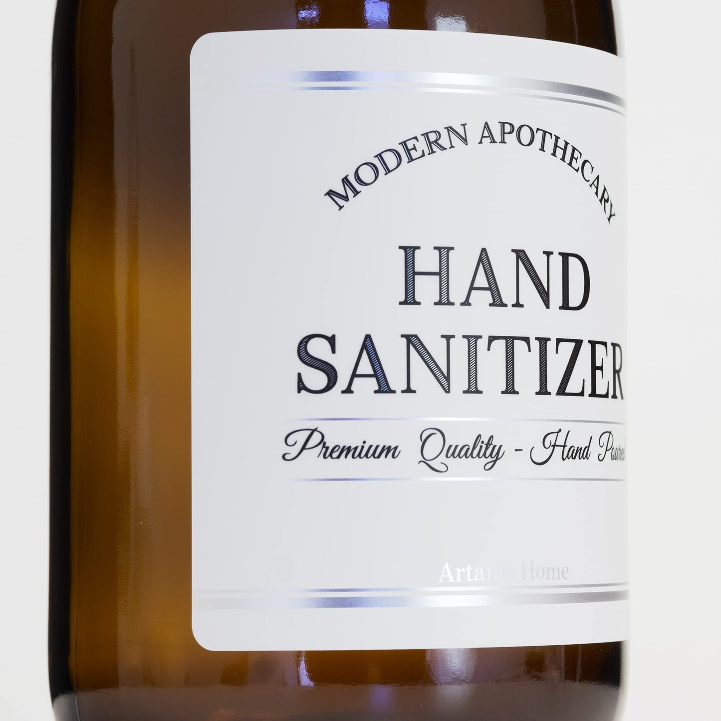 Artanis Home Refillable Amber Glass Hand Sanitizer Dispenser 16 oz – Chrome Accent Waterproof Labeled Apothecary Bottle with Black Plastic Pump
