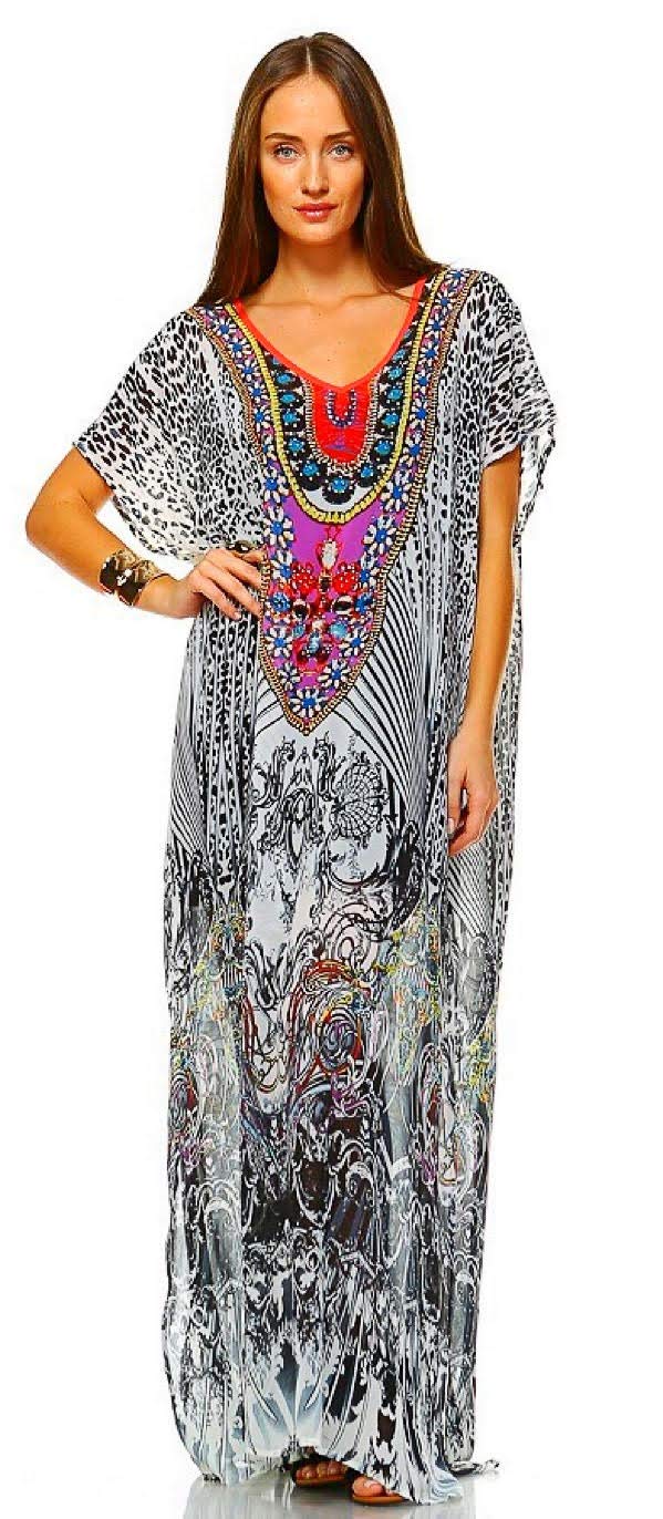 2Chique Boutique Women's White and Multi Color Embellished Kaftan Maxi Dress (XS/S)