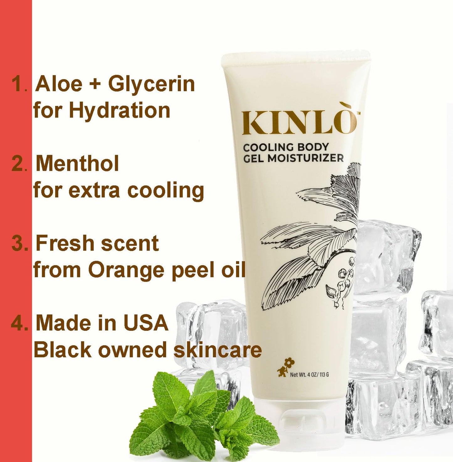Kinlo Cooling Body Gel Moisturizer| Aloe Glycerin Menthol Tangerin Hydrating Body Lotion | Black Owned Skincare 4 fl oz Body Gel for Summer Weather