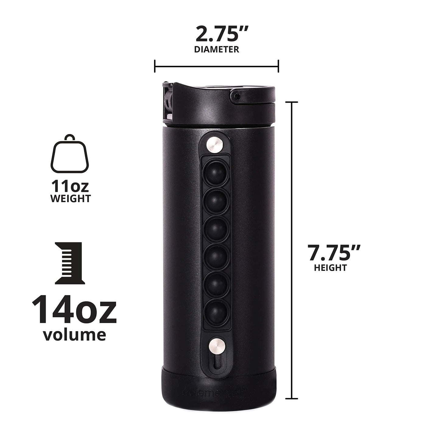 Elemental Iconic Kids Insulated Water Bottle with Straw Lid & Stress Reliever Pop-It Handle, Leak-Proof When Closed Water Bottle Kids - Stainless Steel Water Bottle For Kids, 14oz - Black