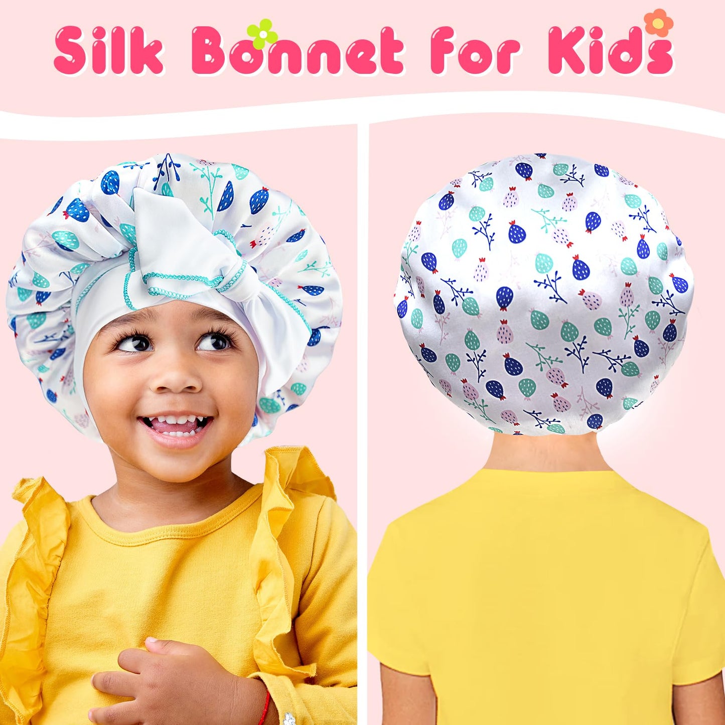 2pcs Pack Pattern Baby Bonnet Kids Bonnet Infant Satin Silk Hair Bonnets for Girls Boys Toddler Newborn Infants with tie Band Bow 0-36 Month