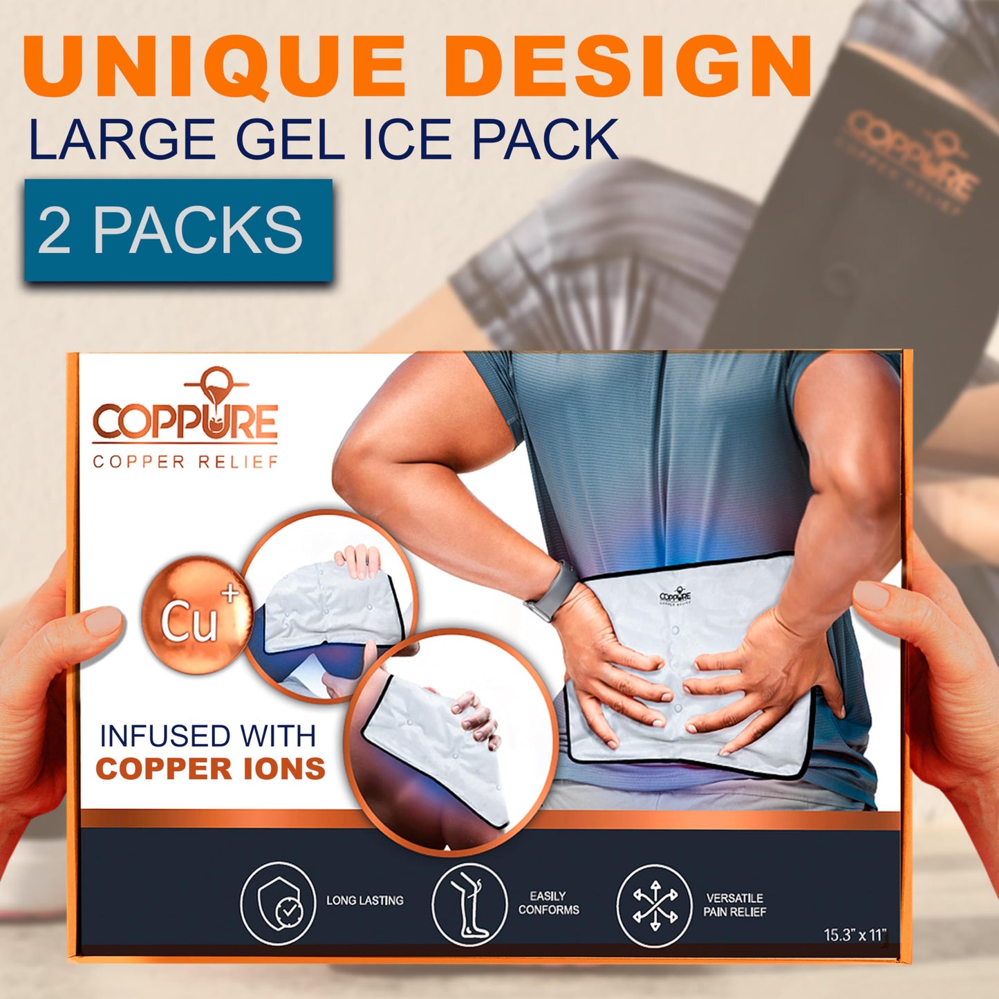 Coppure Copper Relief Large Gel Soft Flexible Medical Ice Packs for Injuries - Reusable Ice Pad Cold Pack for Back Pain, Migraine Relief Pad, Postpartum, Headache, Shoulder – 15” x 11” - 2 Pack