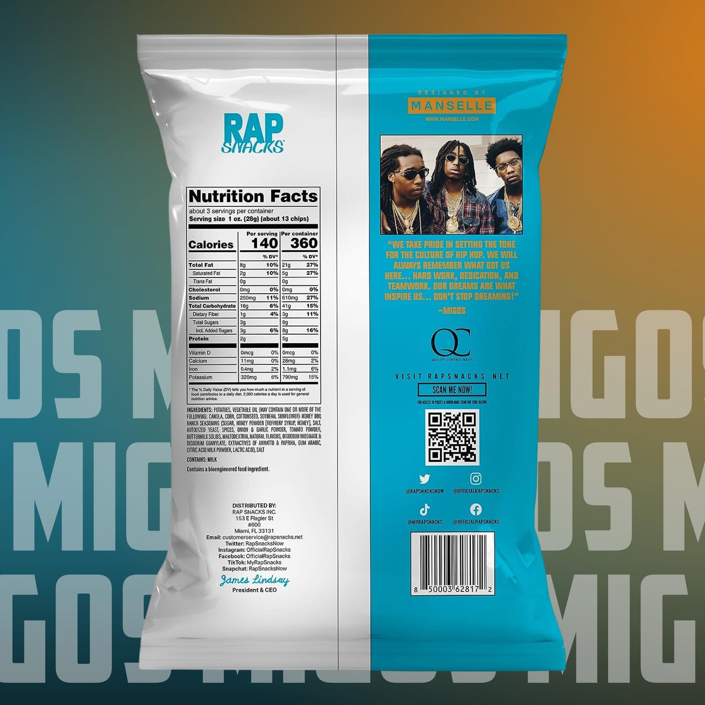 Rap Snacks Migos Bar-B-Quin with My Honey with a Dab of Ranch Wavy Potato Chips 2.5 Oz Bags - Pack of 12
