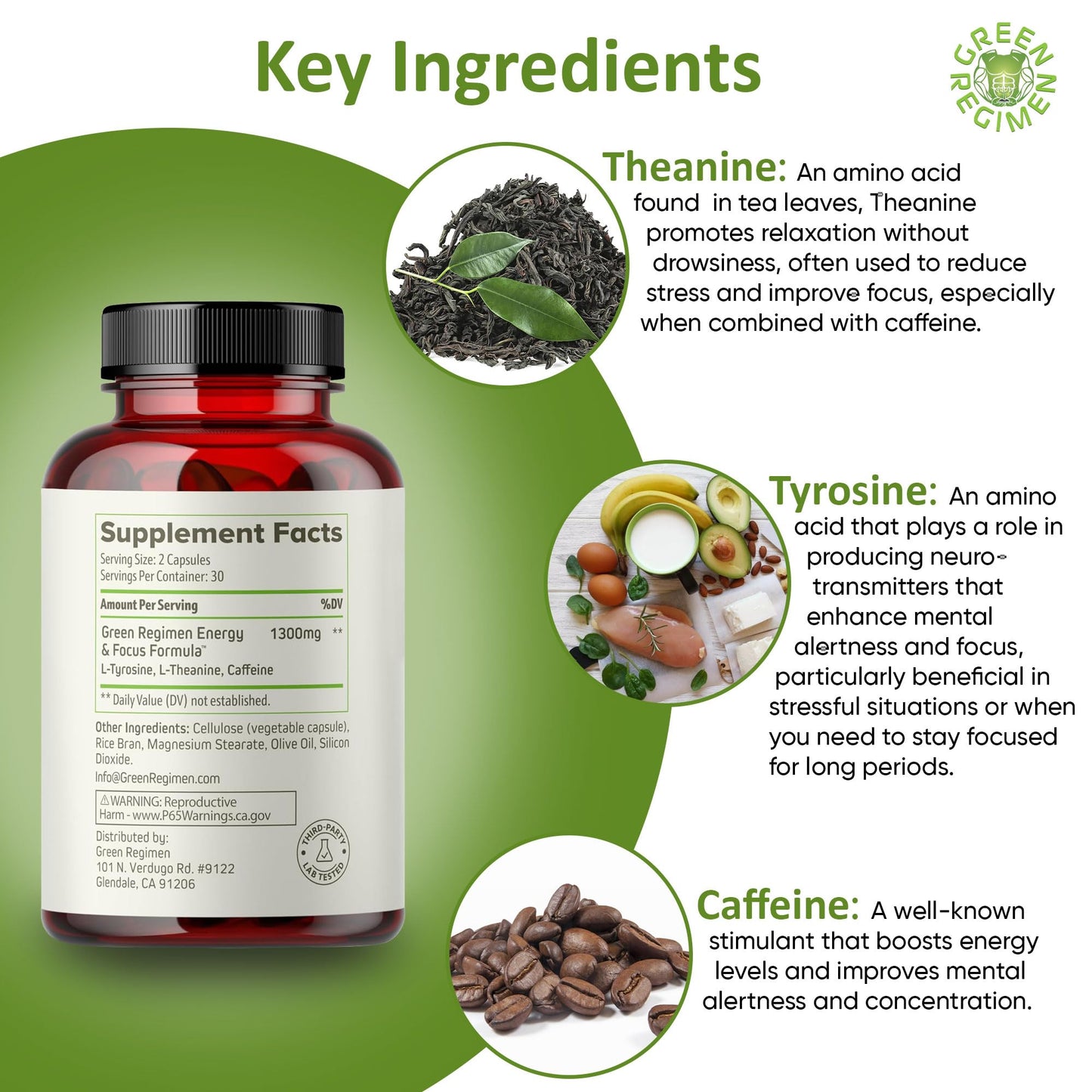 Green Regimen Energy & Focus Capsules - Natural Nootropic Supplement for Sustained Mental Clarity, Enhanced Concentration & Alertness - No Crash, Vegan, Non-GMO - 60 Caps