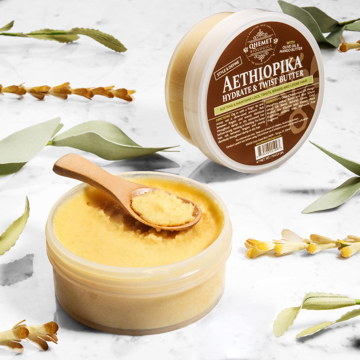 Qhemet Biologics Aethiopika Hydrate & Twist Butter - Frizz-Free Styling Butter Adds Flexible Definition to High & Low Porosity Hair - Smooth Edges, Soften & Flatten Locs, Twists & Braids (4.7 oz)