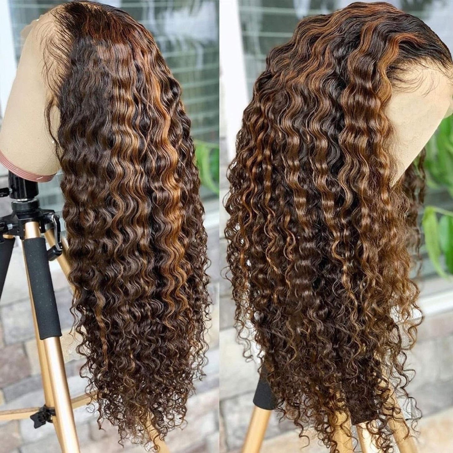 BLY Highlight Human Hair Lace Front Wigs Deep Wave #4/27 Ombre Colored Glueless Wigs Pre Plucked 20 Inch 4x4 Transparent Curly Water Wave Lace Wig Honey Blonde Real Human Hair 180% Density