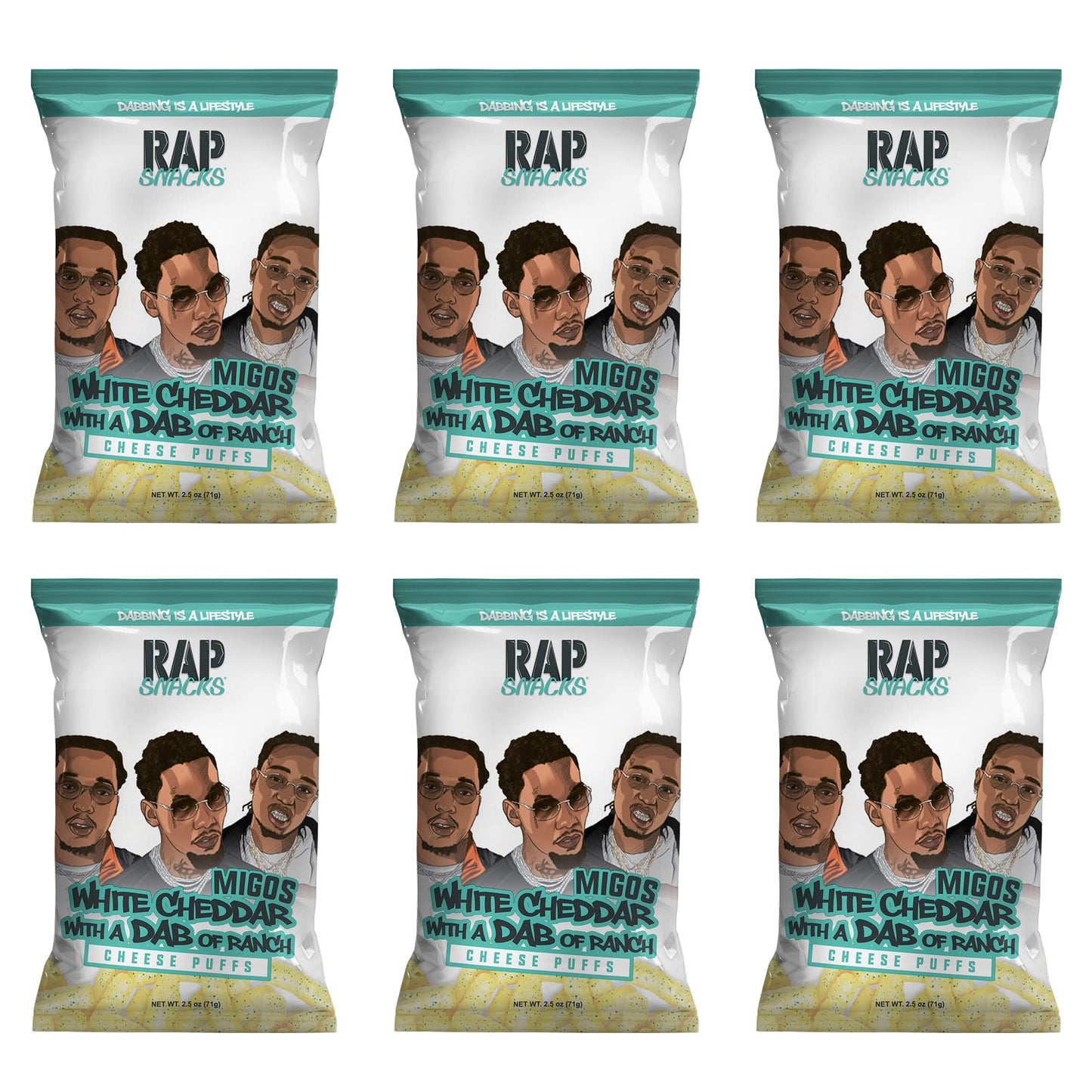 Rap Snacks Migos White Cheddar with a Dab of Ranch Cheese Puffs 2.5 Oz Bags-Pack of 6