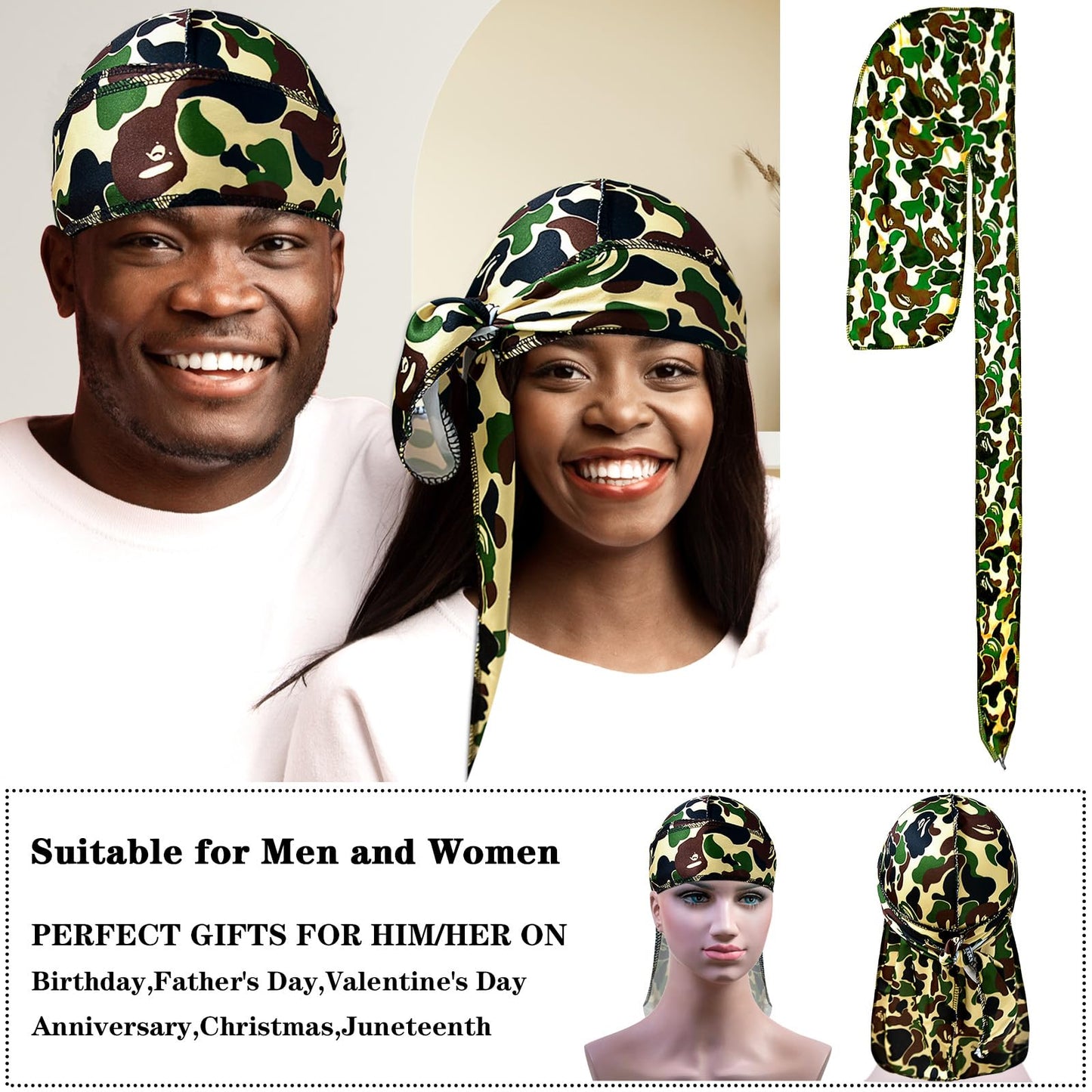 3Pcs Silk Durag for Men Designer Durag for Women Camouflage Silky Cap Rags Hip Hop Turban Hair Wrap for Sleeping Dorag