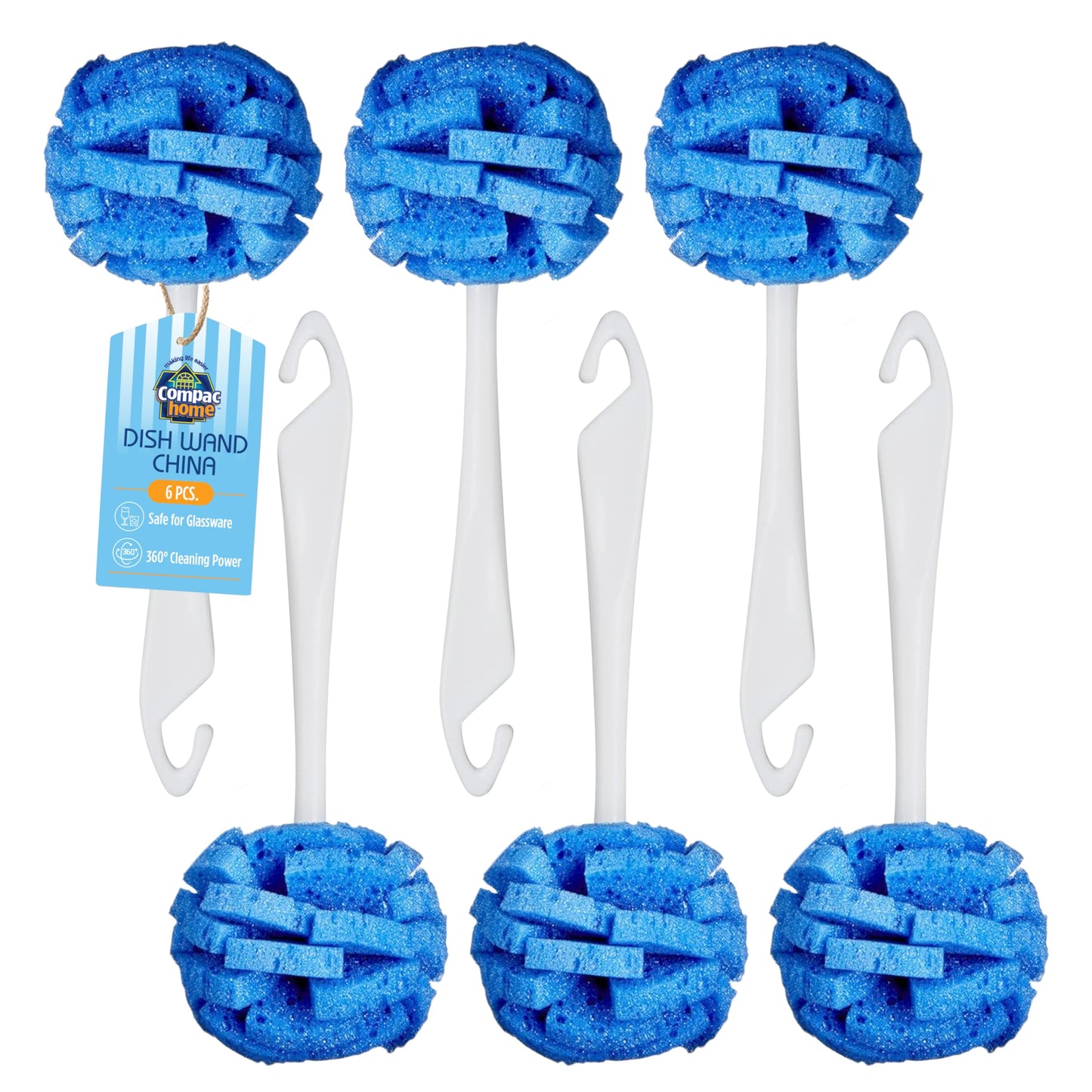 Dish Wand China Scrubbing Sponge by Compac Home, Cleans Dishes and Glassware Effectively, Unique Round Ball Shape for All-Around Cleaning, Flexible Brushes are Gentle on Your Nice Dishes, 6 Count