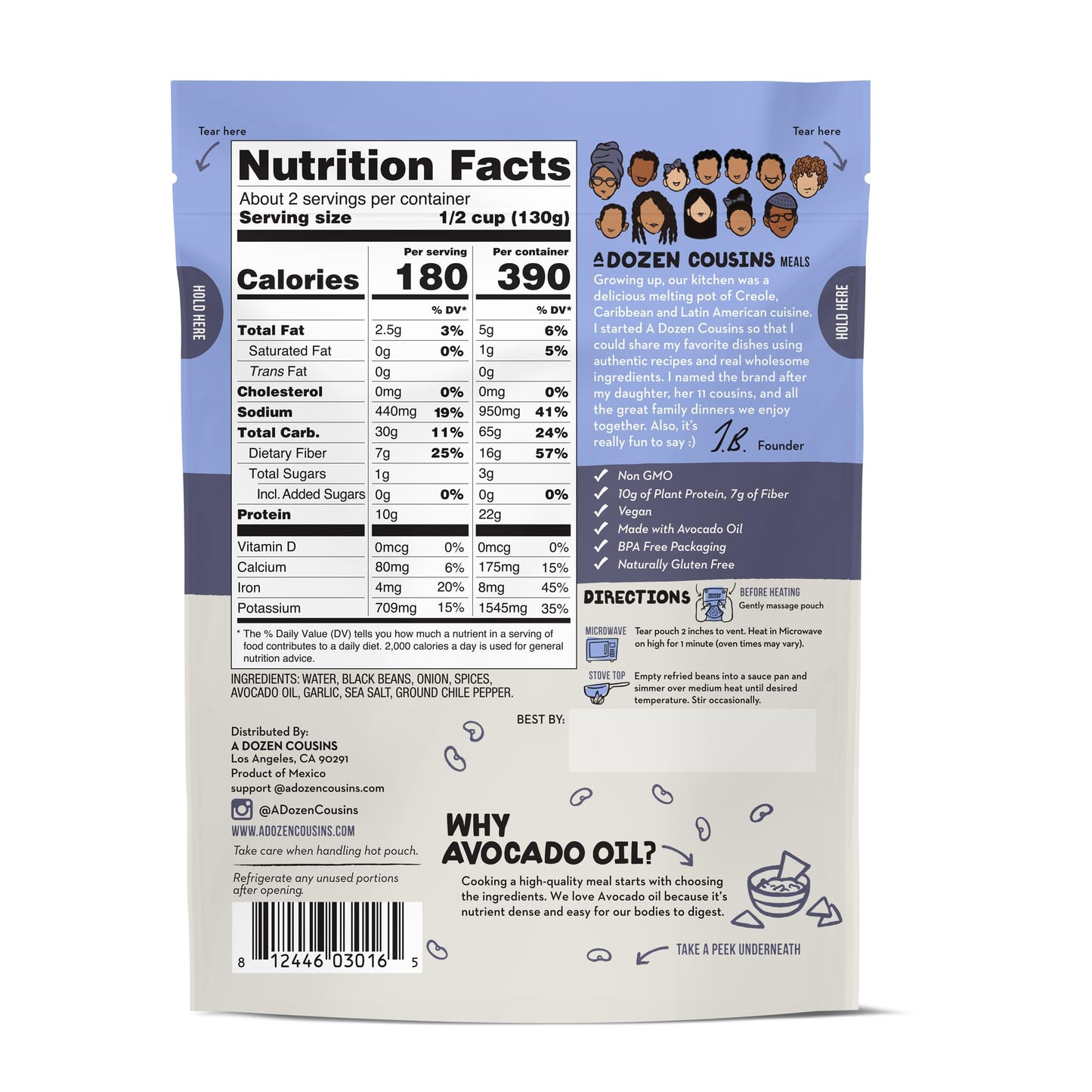 A Dozen Cousins Seasoned Refried Beans - Microwave Meals Vegan Black Beans and Pinto Beans - Non-GMO Prepared Meals Ready to Eat Made with Avocado Oil (Variety 8 Pack)