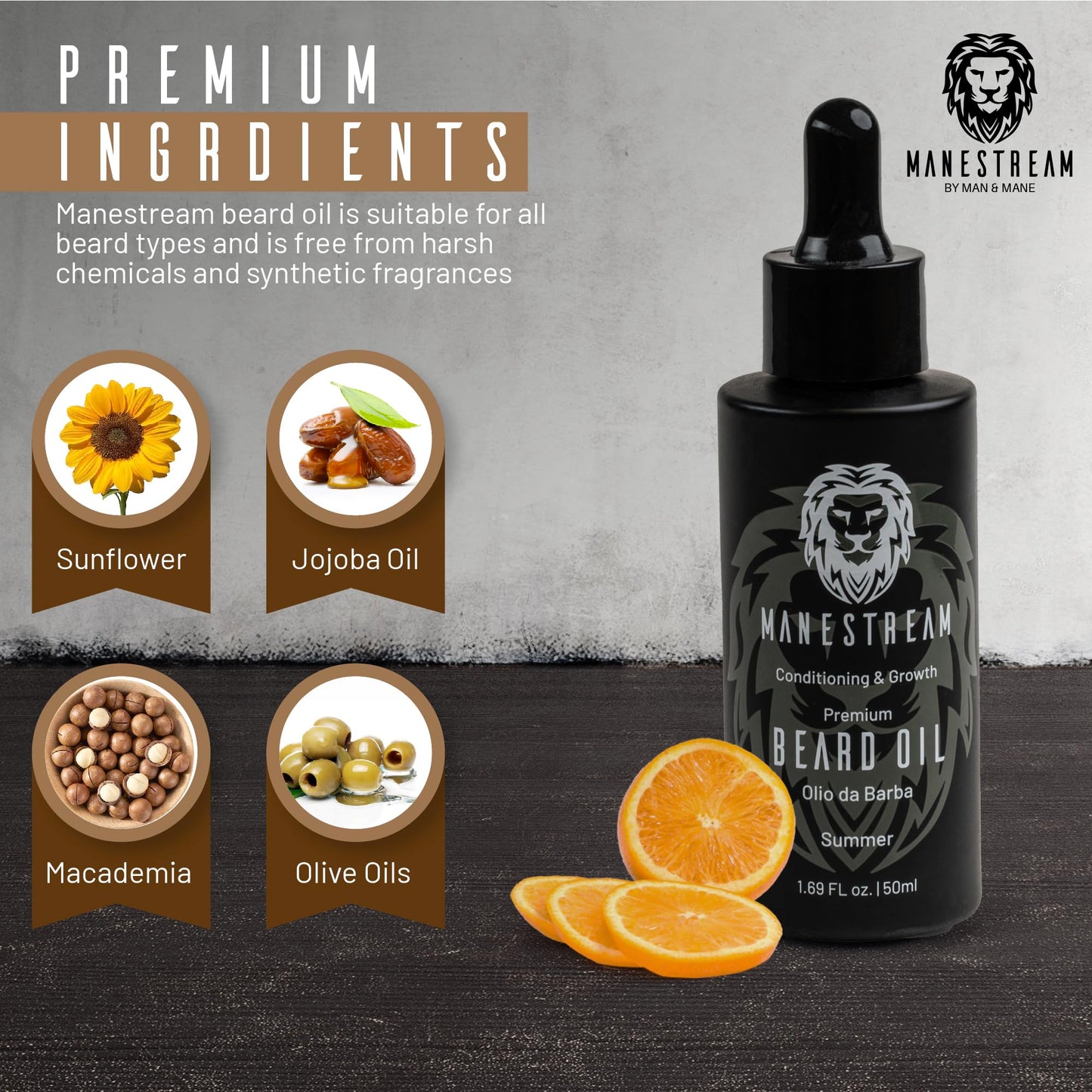 MAN & MANE Manestream Beard Oil for Men, Beard Growth Oil, Hair Growth Oil with Jojoba, Macadamia, Sunflower, Olive Oils - 50ml (Summer (Orange))