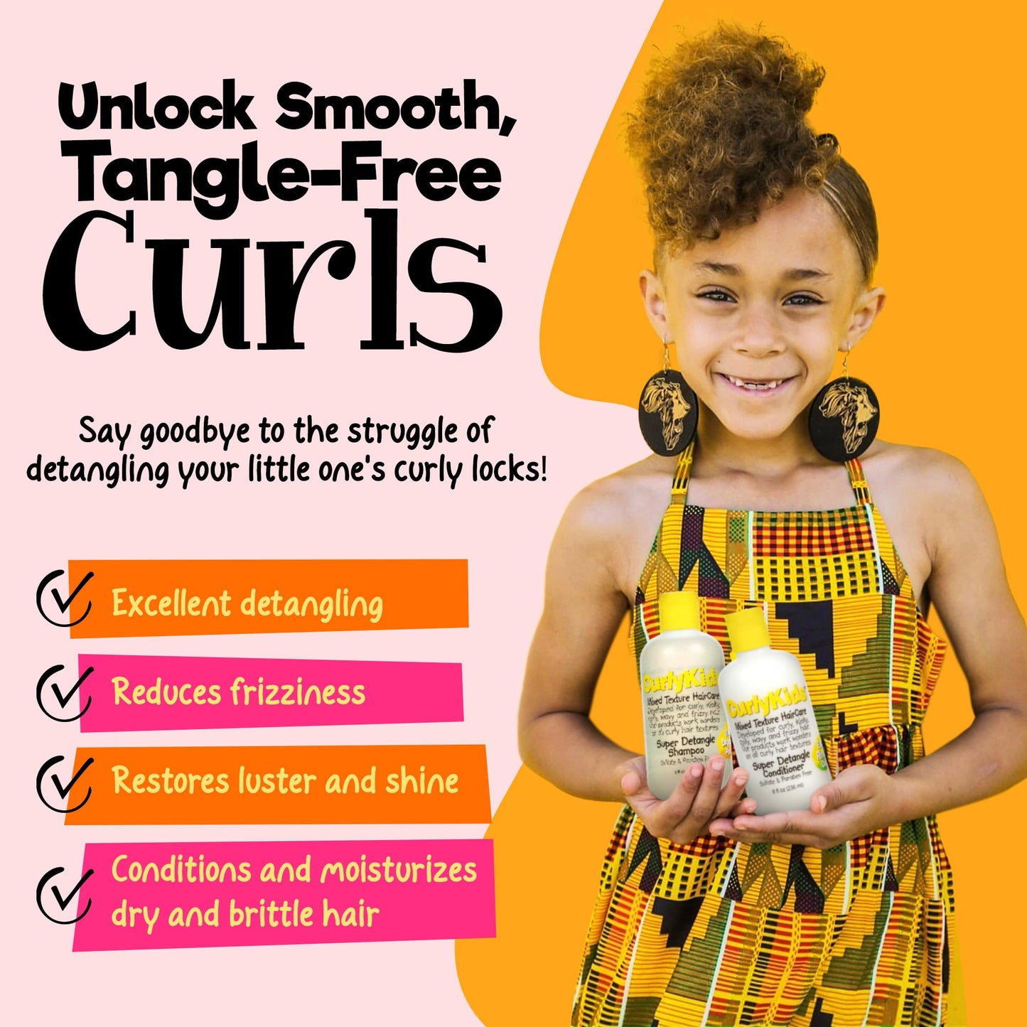 CurlyKids Super Detangle Kids Shampoo & Conditioner Set, Frizz-Free Care for Curly, Kinky, Wavy, and Frizzy Hair - Sulfate & Paraben-Free Hair Care