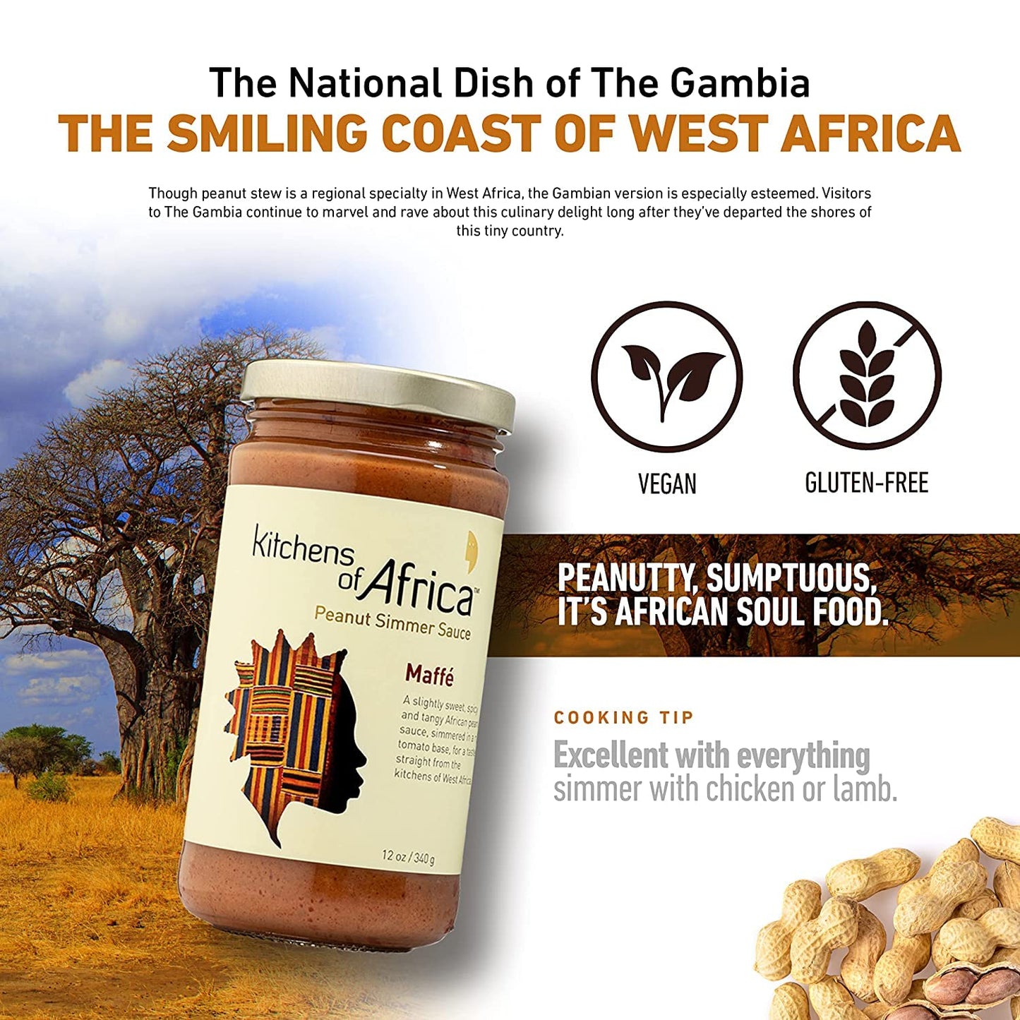 Kitchens of Africa MaffΓ© Peanut Simmer Sauce (12 oz Jar) African Simmer Sauce with Peanut Butter, Tomato Paste and Lime Juice βVegan & Gluten-Free - Cooking Sauce with Bold Flavors