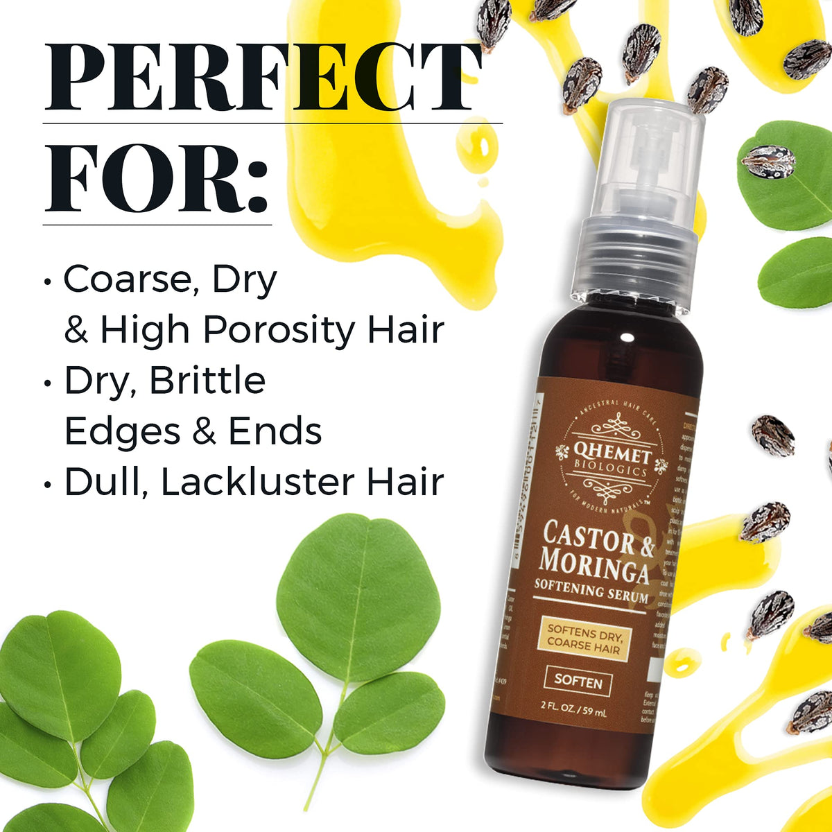 Qhemet Biologics Castor & Moringa Softening Serum - Adds Moisture to Dry, Thick & Coarse Hair - Combats Brittleness and Breakage - Nourishes the Scalp to Preserve Length & Protect New Growth (2 oz)