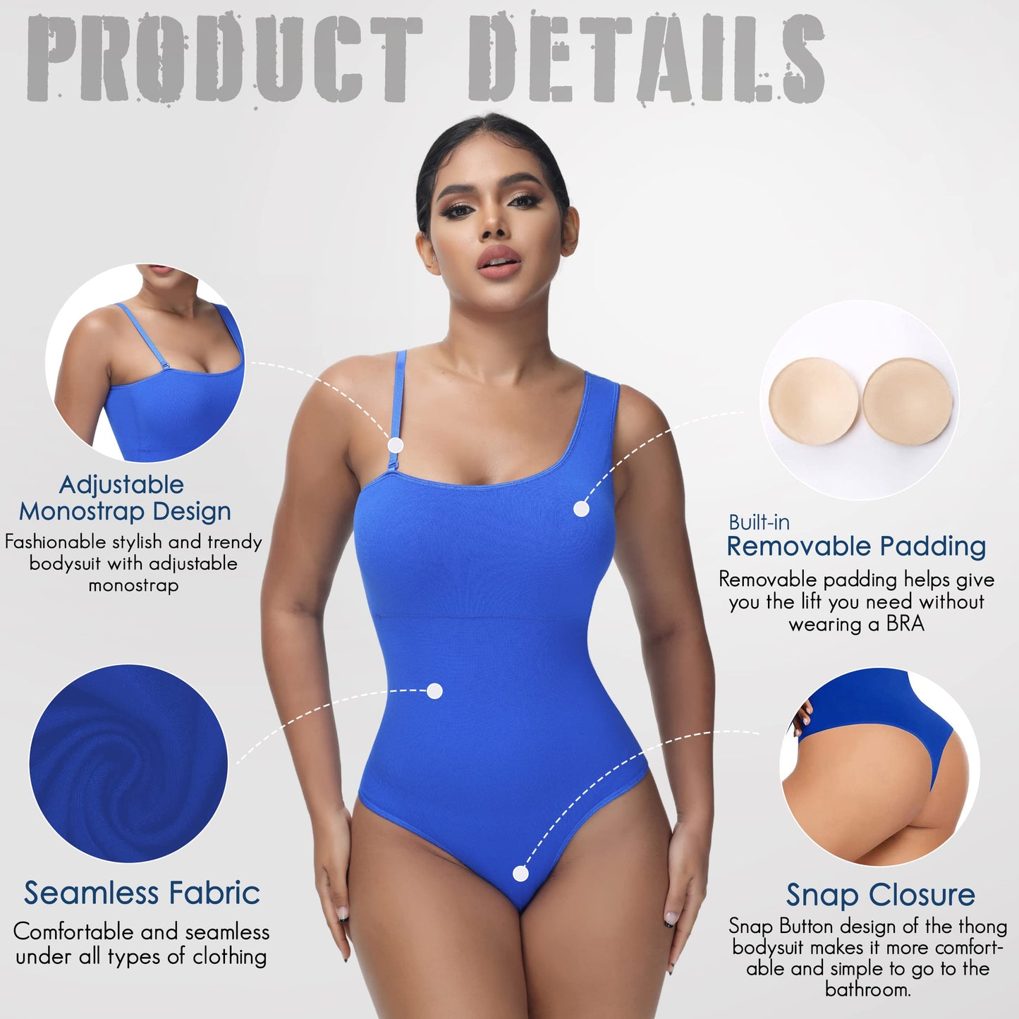 Soo slick Shapewear bodysuit for women Tummy control Tops mono strap sleeveless body suit thong sculpting clothings with removable padding and straps (Blue Large)
